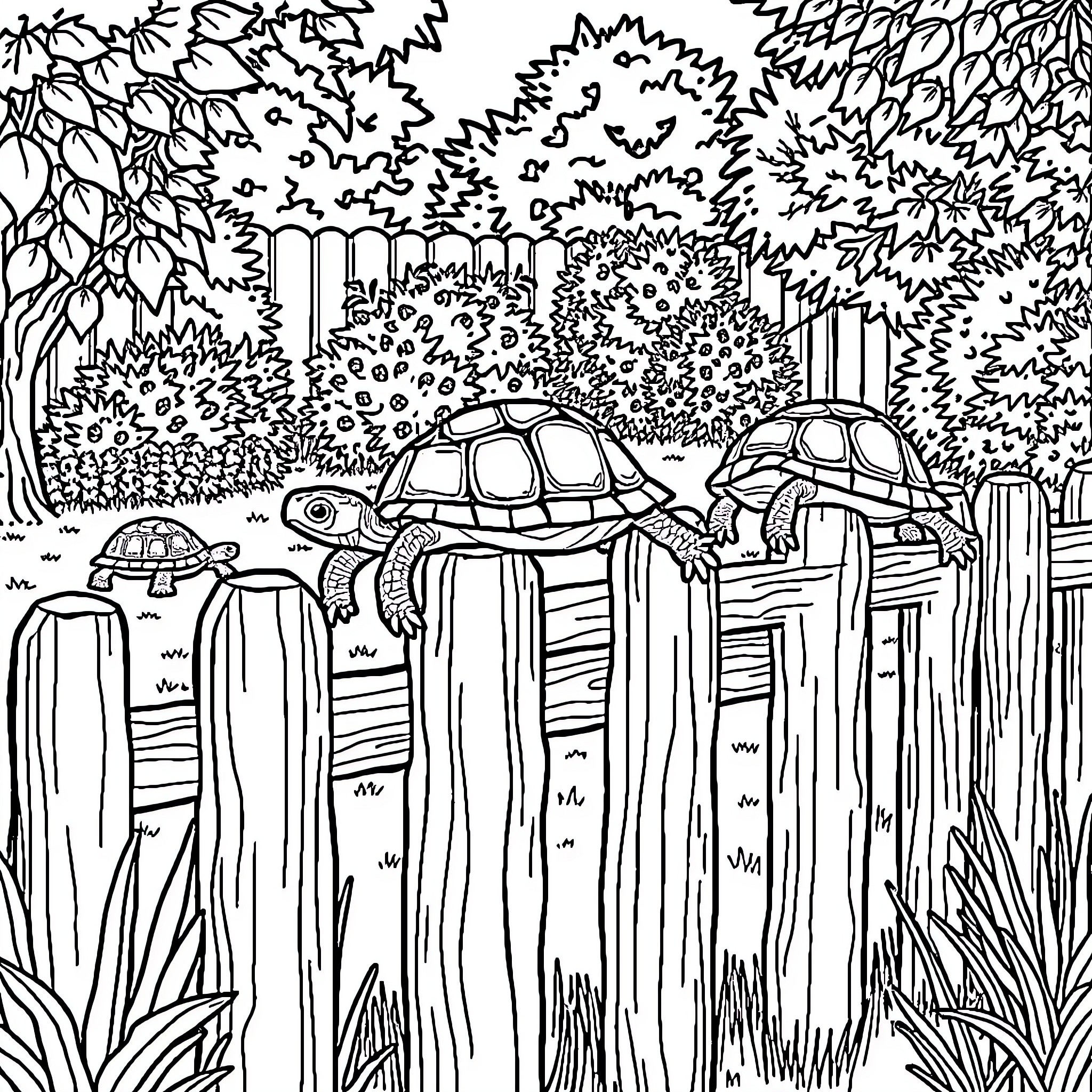 Turtle family exploring the lush garden Coloring Page (free black-and-white line drawing printable PDF for all, from beginners to advanced learners, including children, teens, adults, and seniors)