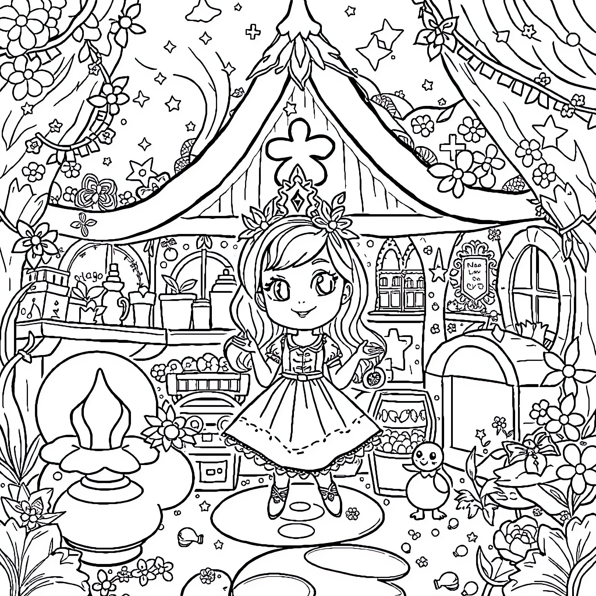 Gabby's Enchanting Adventure in the Magical Realm Coloring Page (free black-and-white line drawing printable PDF for all, from beginners to advanced learners, including children, teens, adults, and seniors)