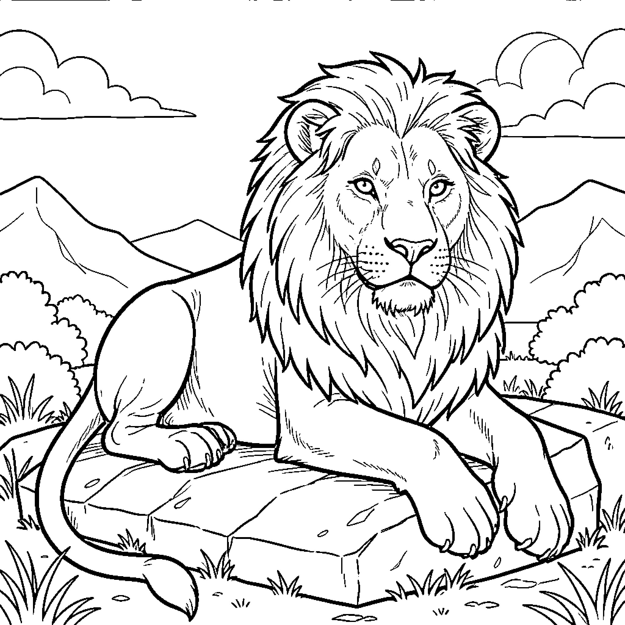 Lion sitting regally in a natural landscape Coloring Page (free black-and-white line drawing printable PDF for all, from beginners to advanced learners, including children, teens, adults, and seniors)
