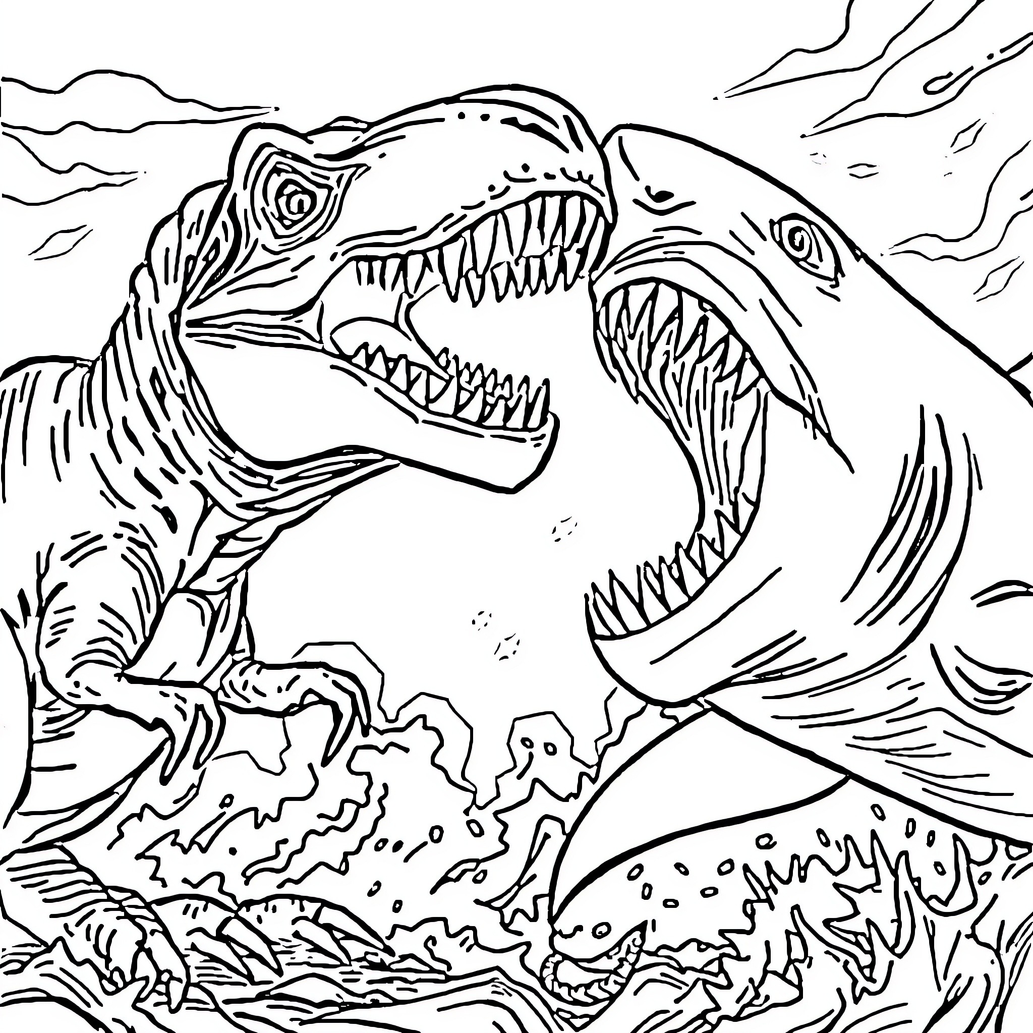 Dinosaur roaring fiercely in a rugged landscape Coloring Page (free black-and-white line drawing printable PDF for all, from beginners to advanced learners, including children, teens, adults, and seniors)