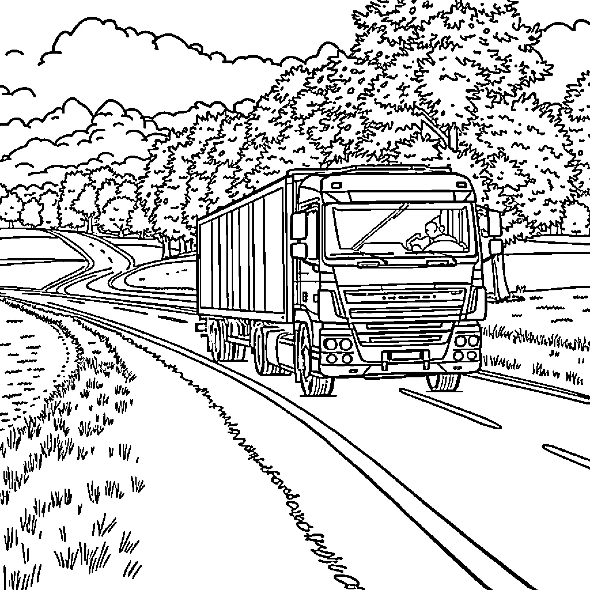 Truck on the Road through Countryside Scenery Coloring Page (free black-and-white line drawing printable PDF for all, from beginners to advanced learners, including children, teens, adults, and seniors)