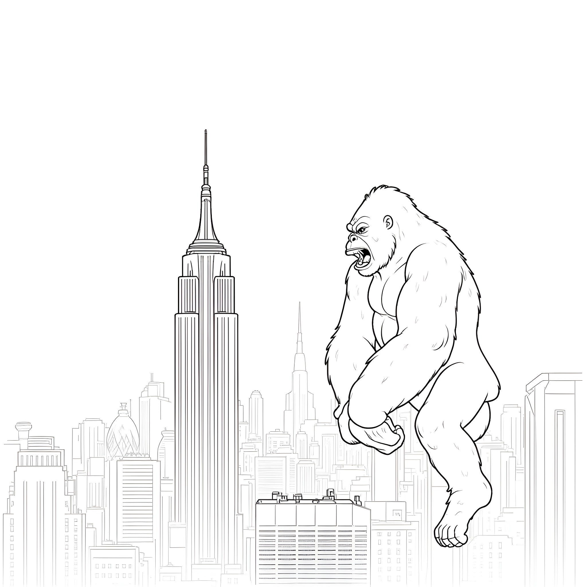 King Kong Climbing the Empire State Building in New York City Coloring Page (free black-and-white line drawing printable PDF for all, from beginners to advanced learners, including children, teens, adults, and seniors)