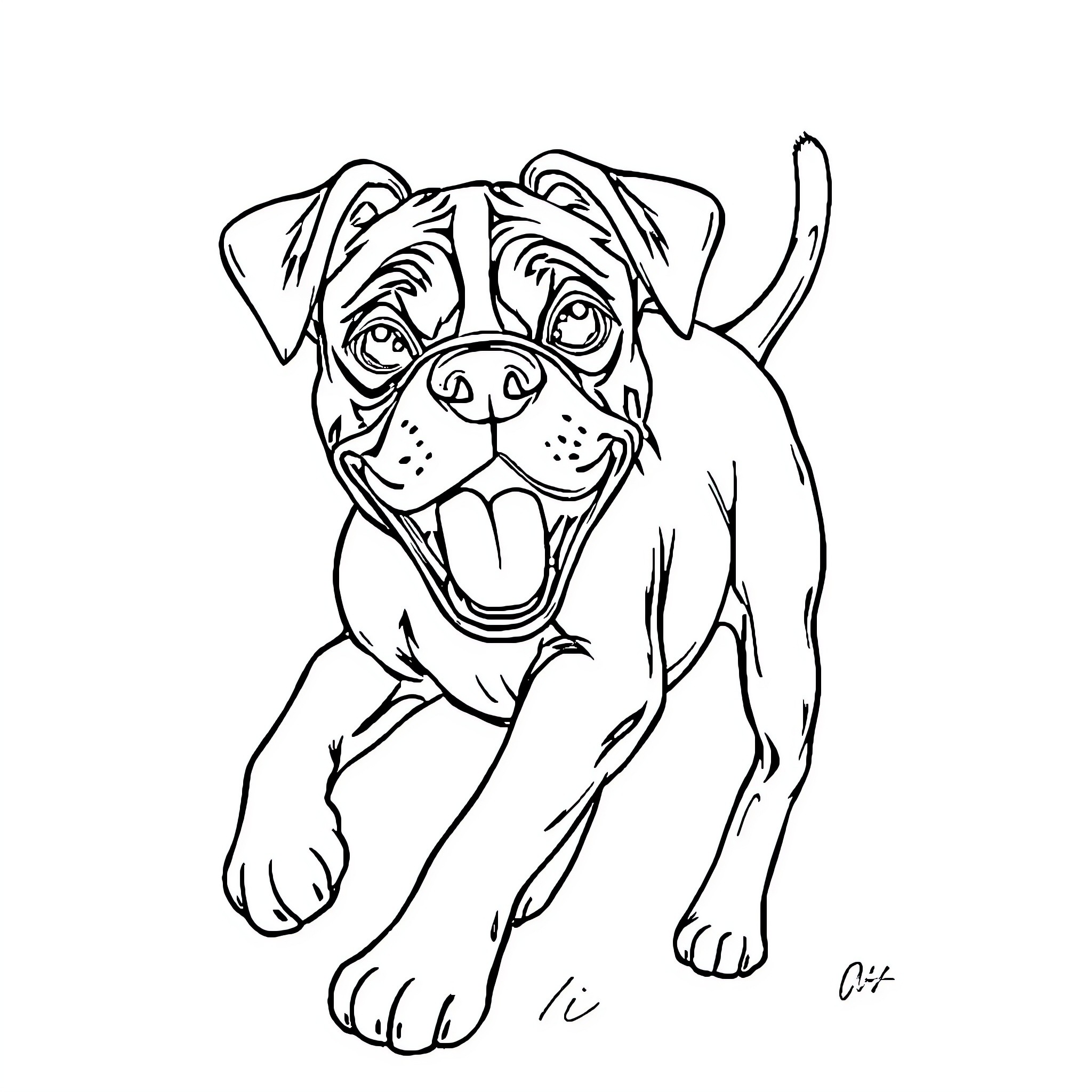 Boxer dog with cute expression and wagging tail Coloring Page (free black-and-white line drawing printable PDF for all, from beginners to advanced learners, including children, teens, adults, and seniors)