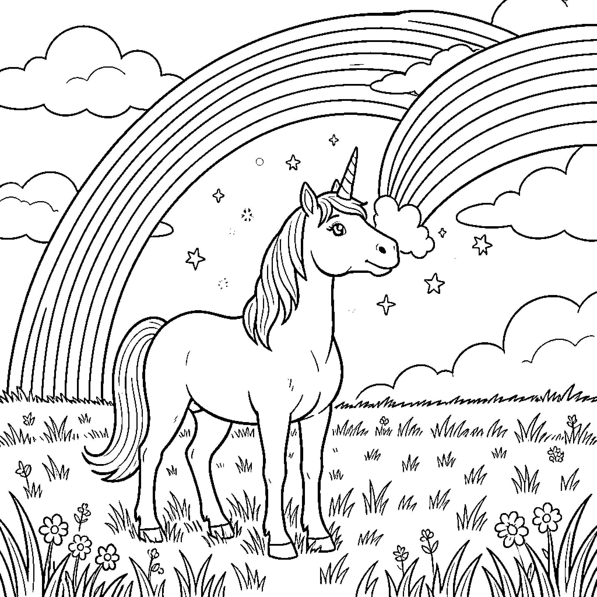 Unicorn Stands Amid Rainbows and Starry Skies Coloring Page (free black-and-white line drawing printable PDF for all, from beginners to advanced learners, including children, teens, adults, and seniors)