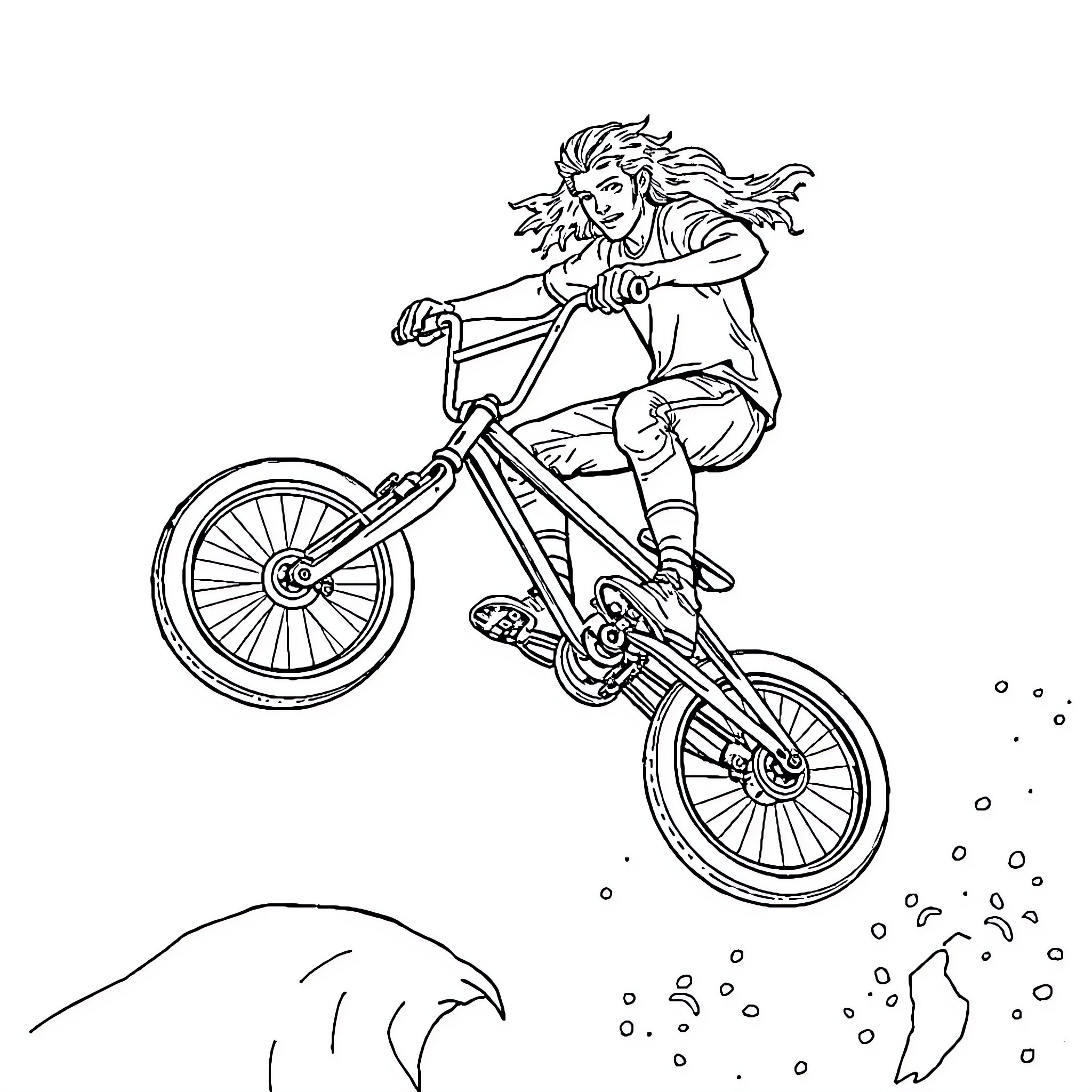 BMX Bike tricks in underwater scene Coloring Page (free black-and-white line drawing printable PDF for all, from beginners to advanced learners, including children, teens, adults, and seniors)