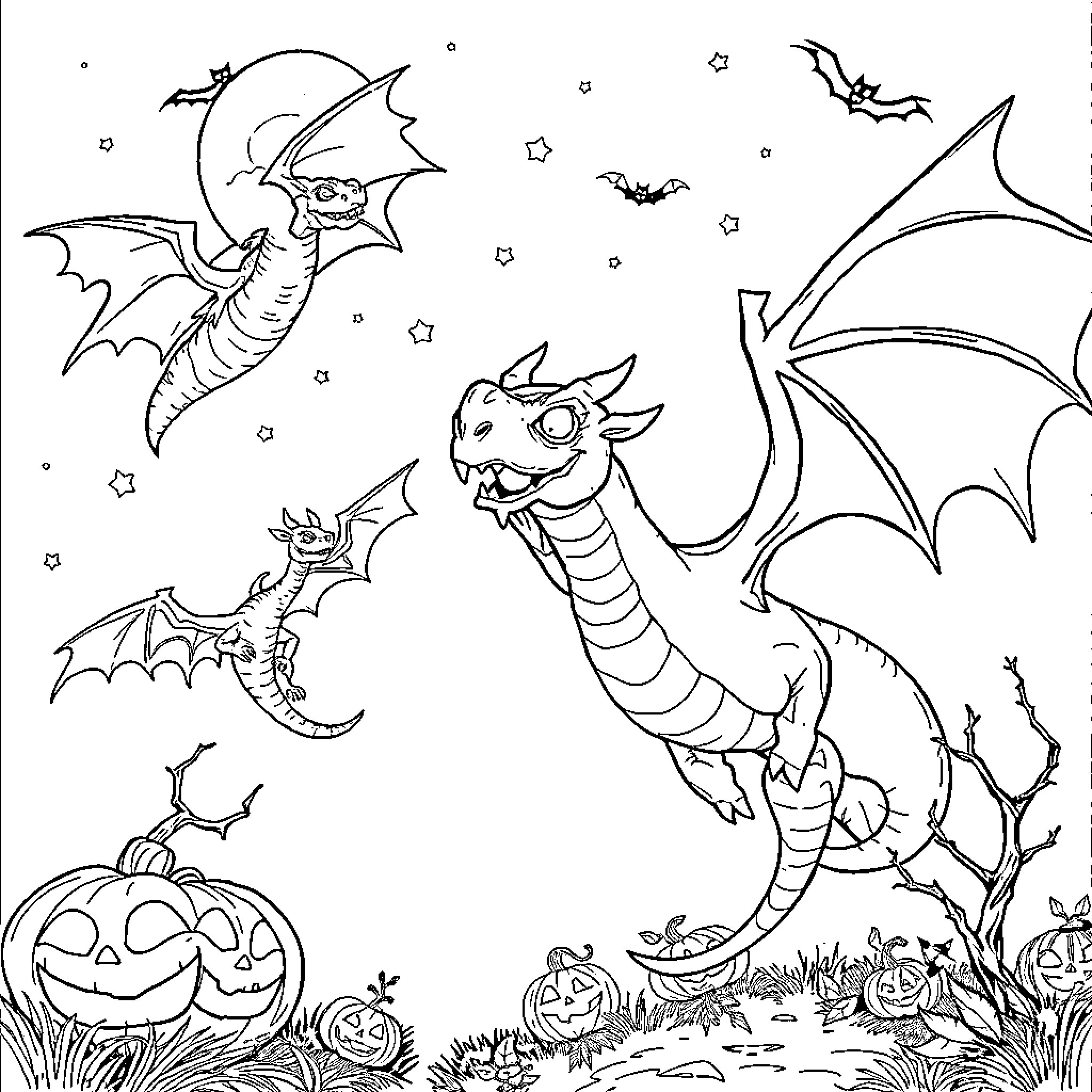 Dragons flying among jack-o'-lanterns and bats in the night Coloring Page (free black-and-white line drawing printable PDF for all, from beginners to advanced learners, including children, teens, adults, and seniors)