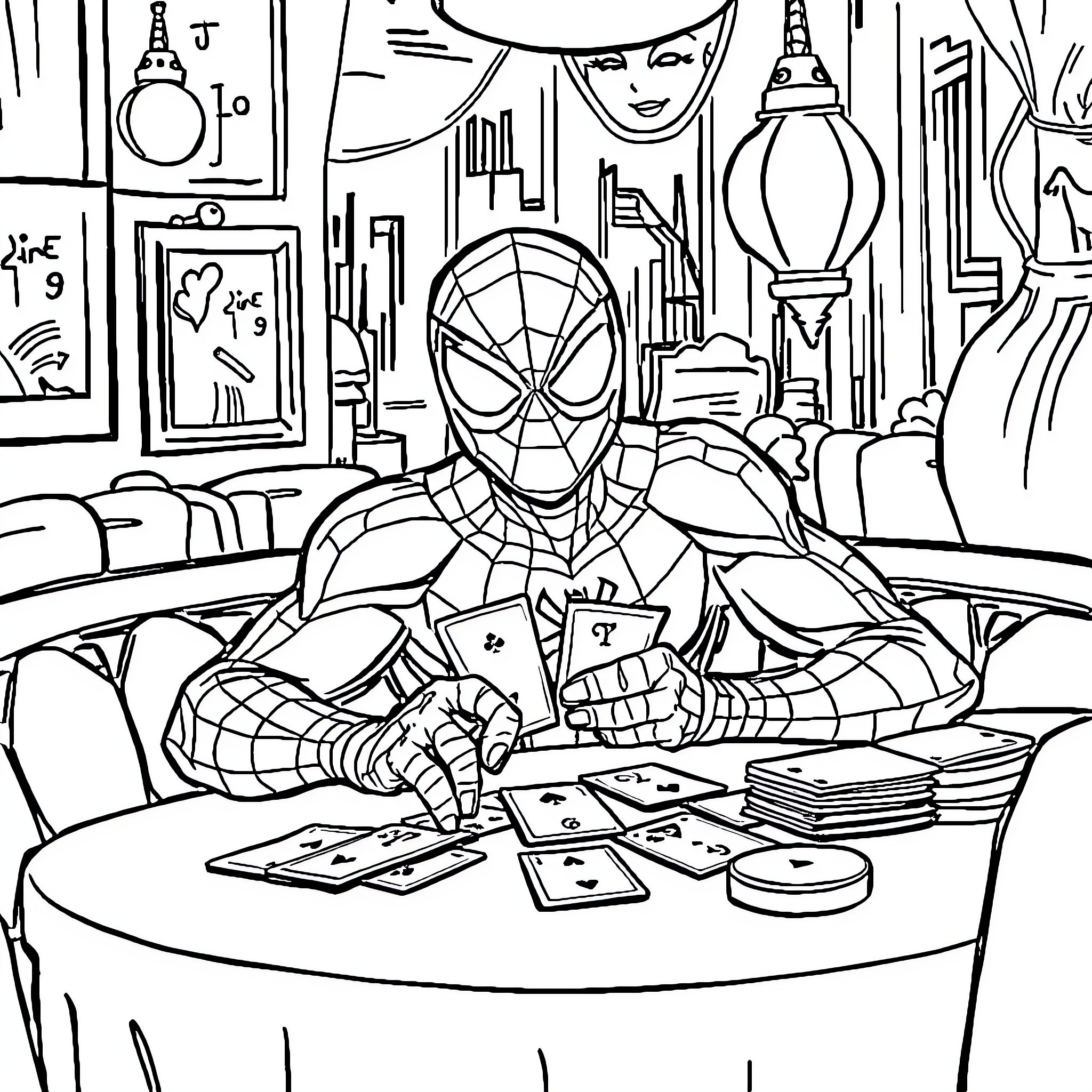 Spidey playing cards in the city Coloring Page (free black-and-white line drawing printable PDF for all, from beginners to advanced learners, including children, teens, adults, and seniors)