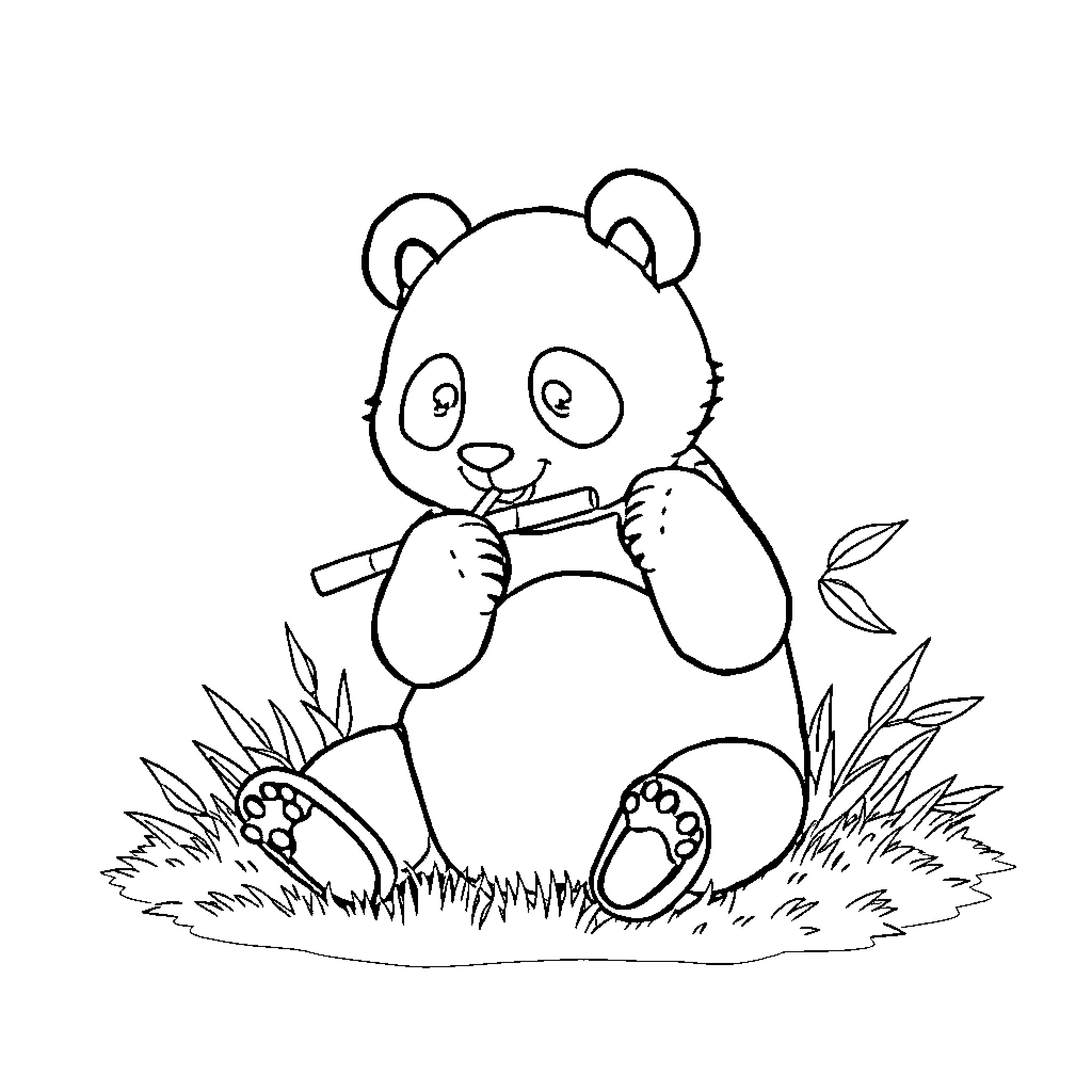 Panda resting and enjoying a bamboo snack Coloring Page (free black-and-white line drawing printable PDF for all, from beginners to advanced learners, including children, teens, adults, and seniors)