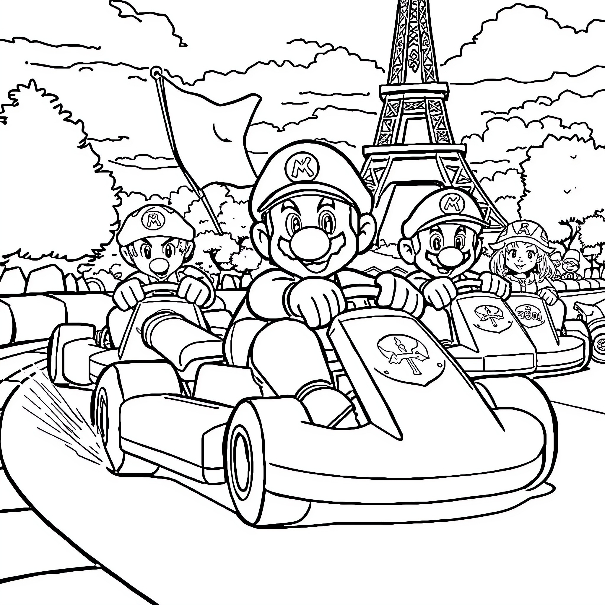 French Government Officials in Cartoon Cars Visiting Eiffel Tower Coloring Page (free black-and-white line drawing printable PDF for all, from beginners to advanced learners, including children, teens, adults, and seniors)