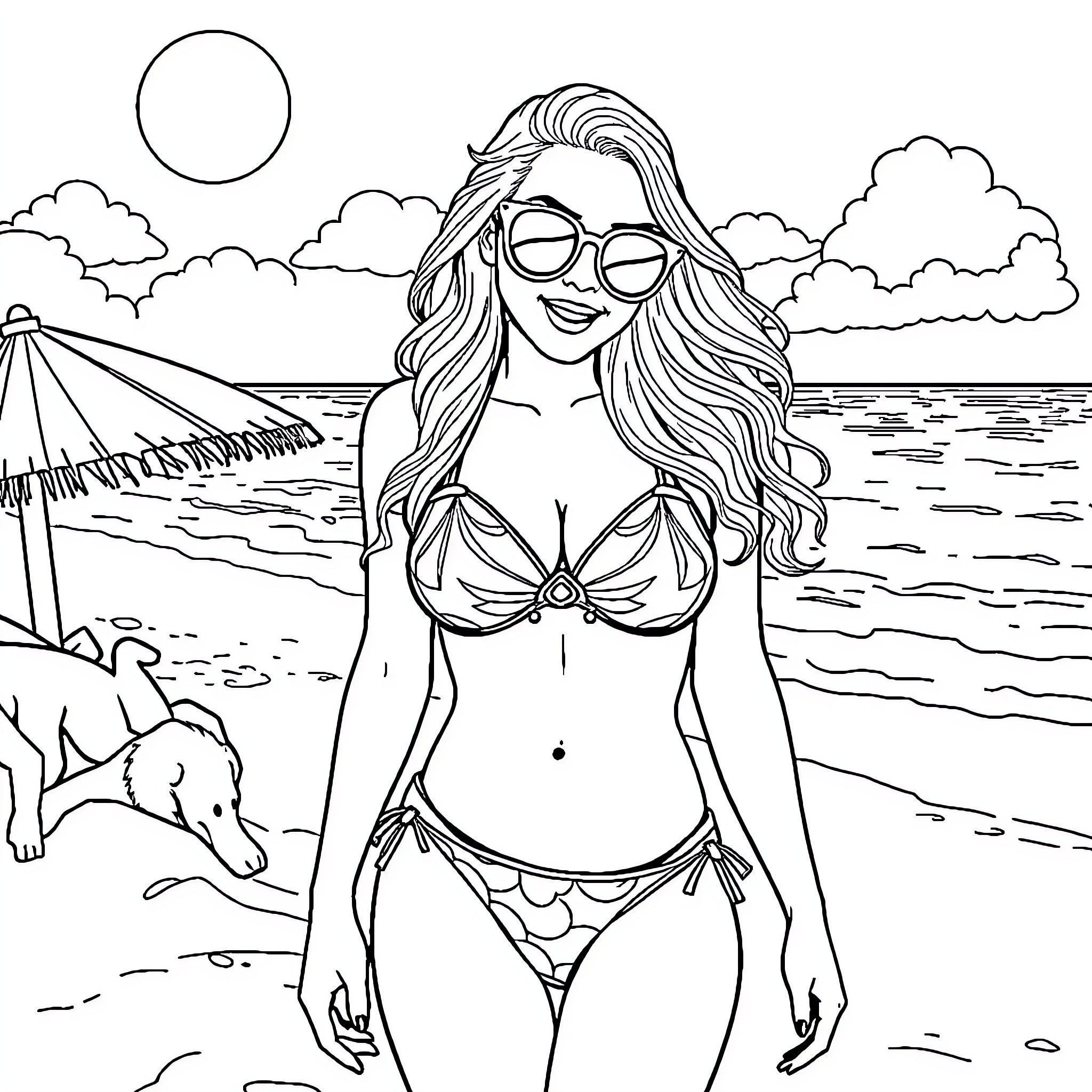 Sabrina Carpenter enjoying a sunny day at the beach Coloring Page (free black-and-white line drawing printable PDF for all, from beginners to advanced learners, including children, teens, adults, and seniors)