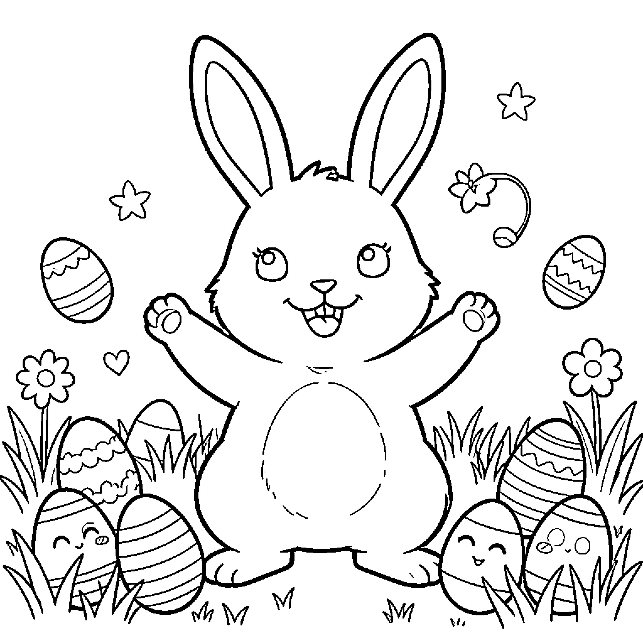 Rabbit and Easter eggs in a spring scene Coloring Page (free black-and-white line drawing printable PDF for all, from beginners to advanced learners, including children, teens, adults, and seniors)