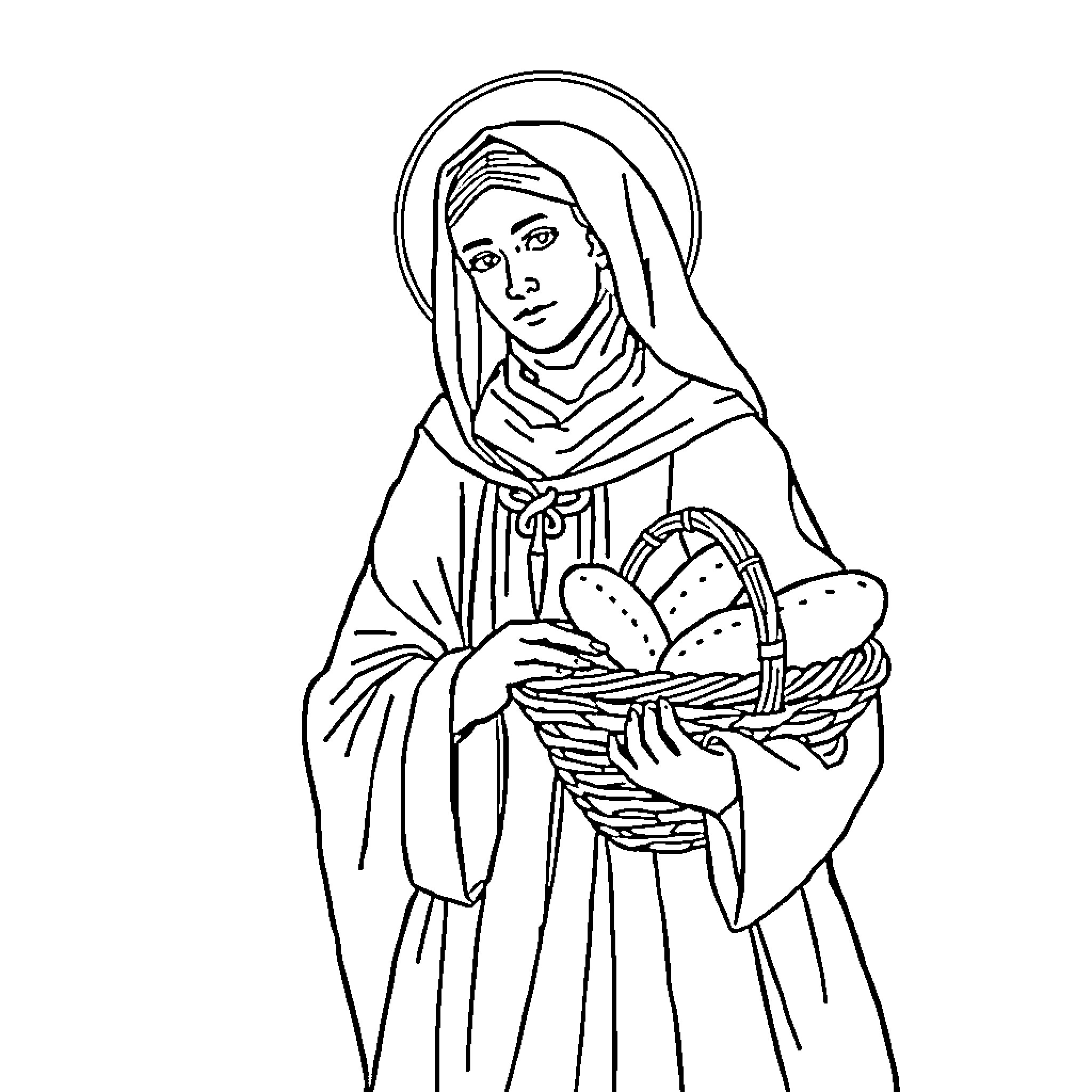 Saint Elisabeth offering bread to the poor Coloring Page (free black-and-white line drawing printable PDF for all, from beginners to advanced learners, including children, teens, adults, and seniors)