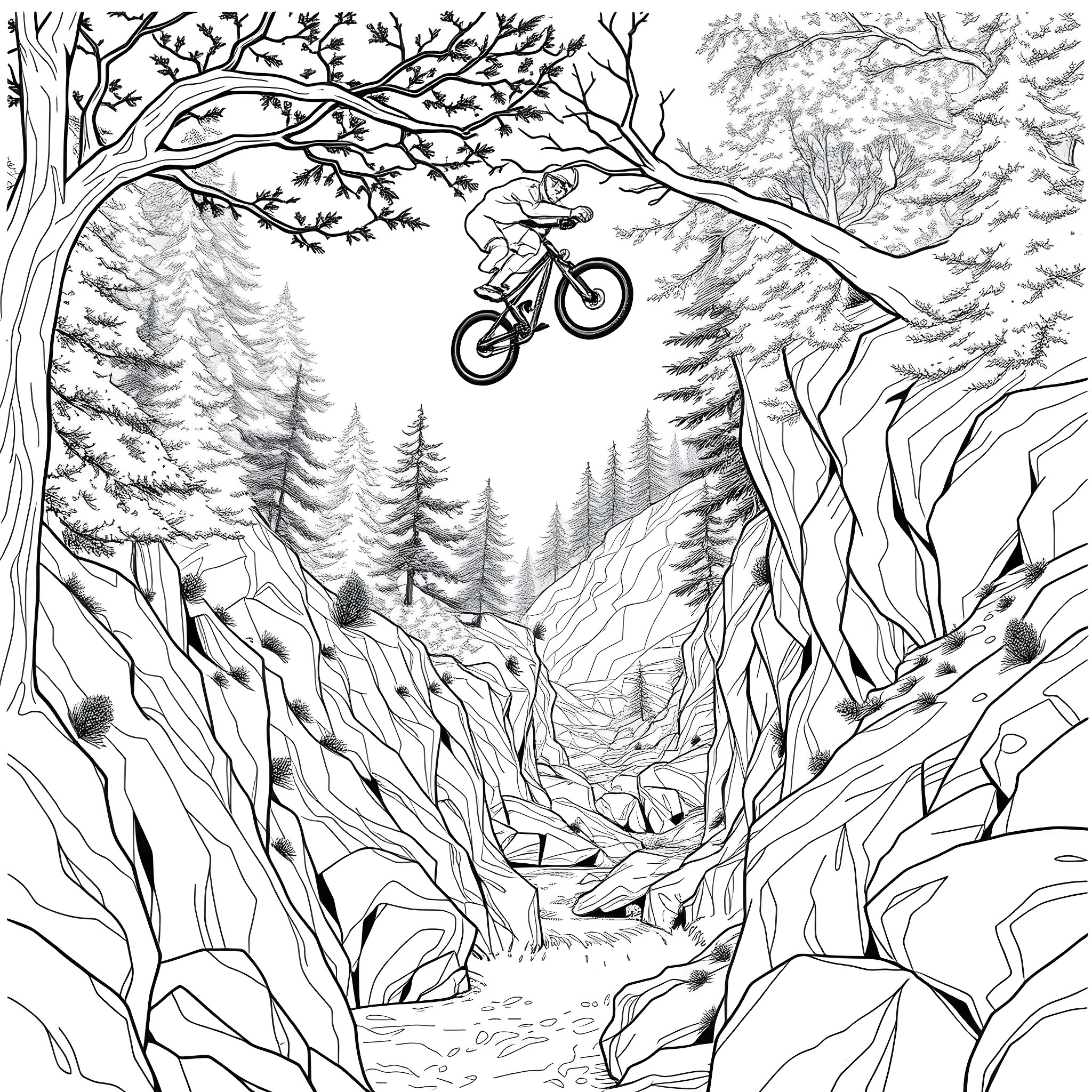 Mtb rider soaring through scenic mountain landscape Coloring Page (free black-and-white line drawing printable PDF for all, from beginners to advanced learners, including children, teens, adults, and seniors)