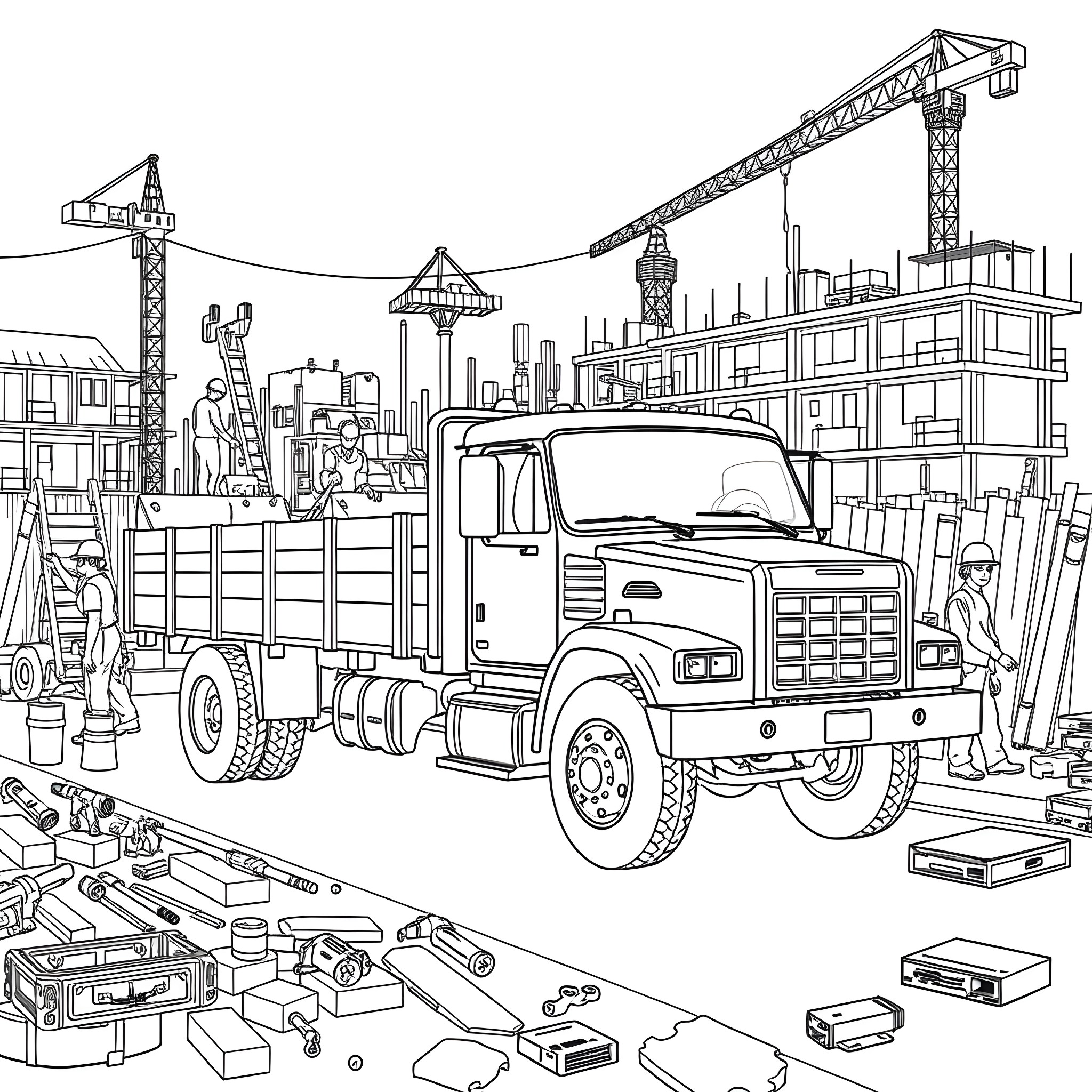 Flatbed truck hauling construction materials on busy worksite Coloring Page (free black-and-white line drawing printable PDF for all, from beginners to advanced learners, including children, teens, adults, and seniors)