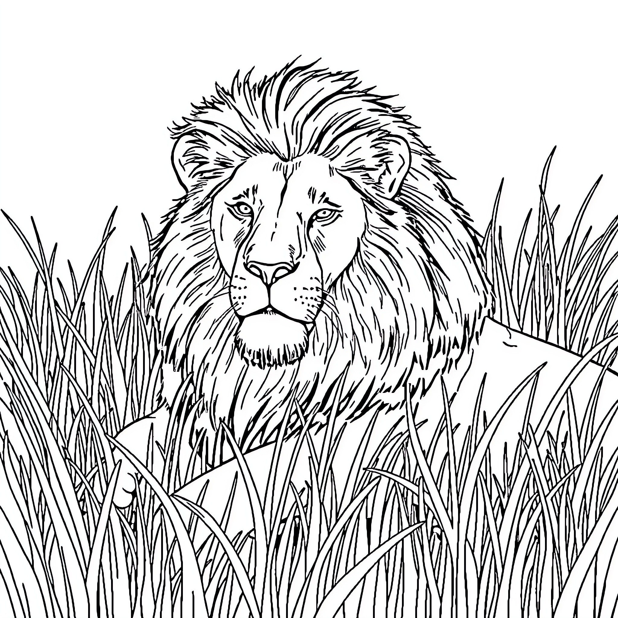 Lion lounging in tall grass Coloring Page (free black-and-white line drawing printable PDF for all, from beginners to advanced learners, including children, teens, adults, and seniors)