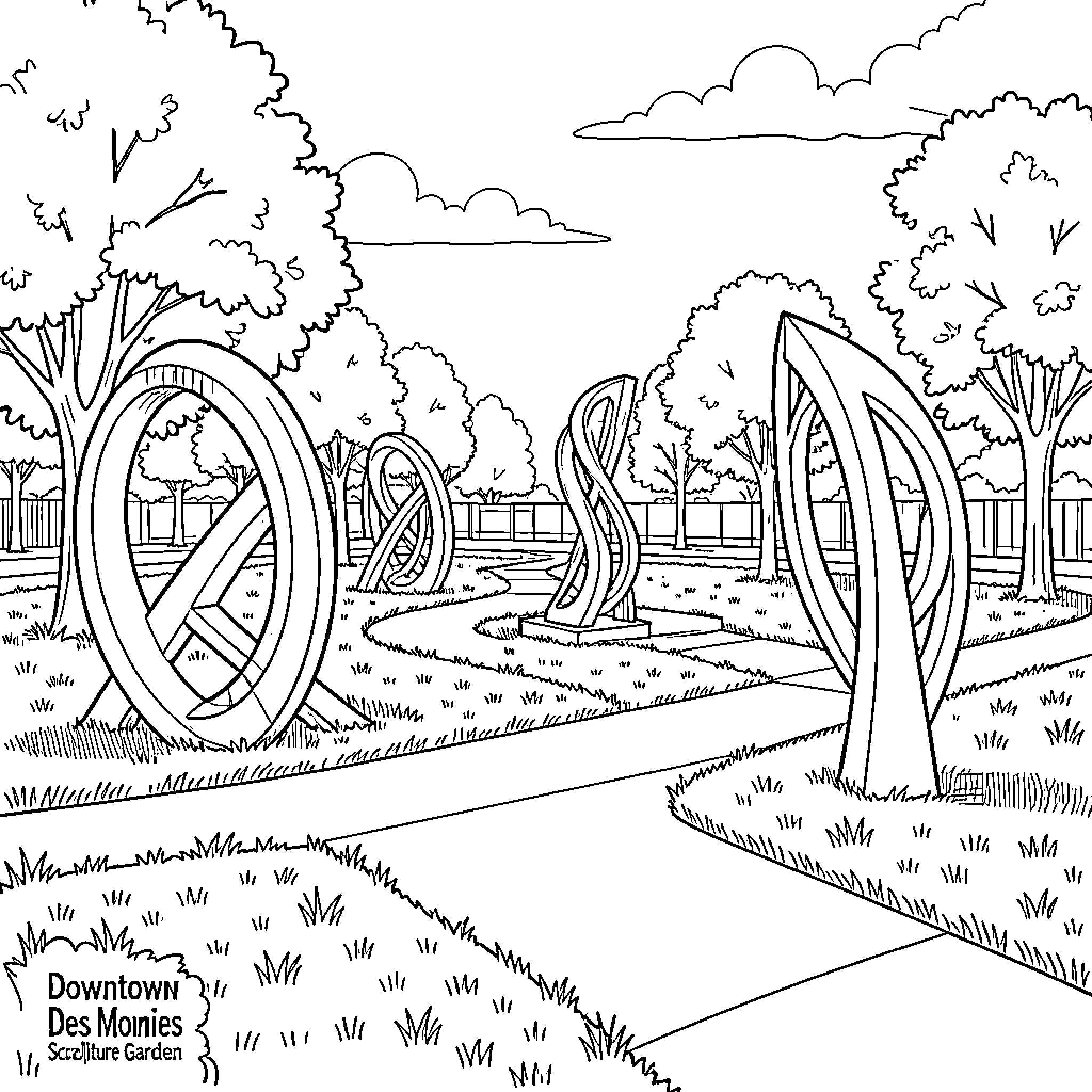 Sculpture garden featuring abstract forms amidst trees Coloring Page (free black-and-white line drawing printable PDF for all, from beginners to advanced learners, including children, teens, adults, and seniors)