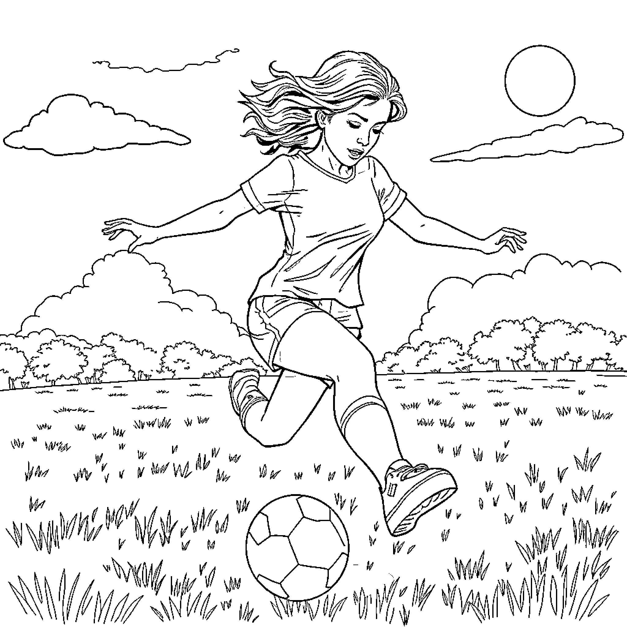 Emma Stone playing soccer in a field Coloring Page (free black-and-white line drawing printable PDF for all, from beginners to advanced learners, including children, teens, adults, and seniors)