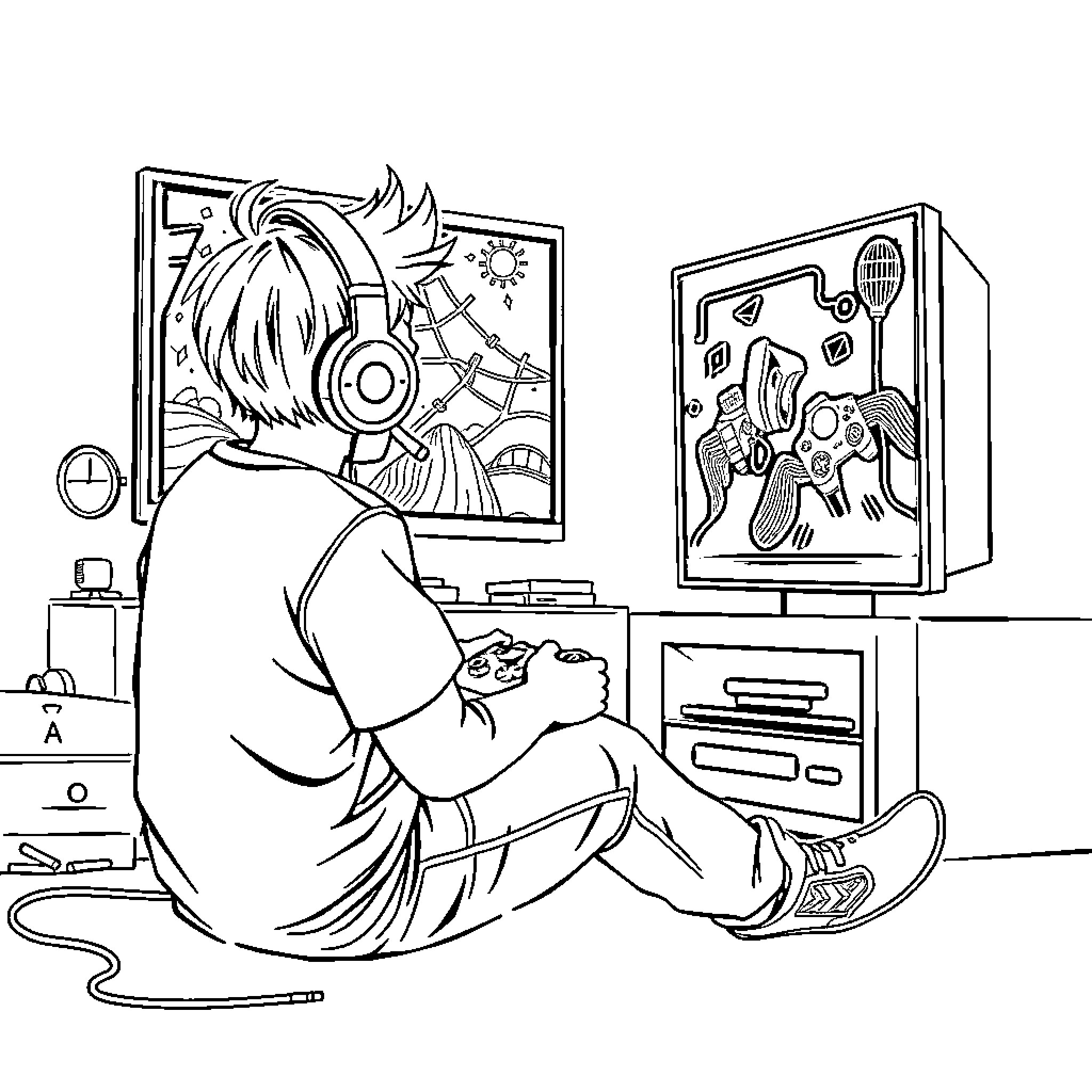 Boy Enjoying Gaming and Artwork in Room Coloring Page (free black-and-white line drawing printable PDF for all, from beginners to advanced learners, including children, teens, adults, and seniors)