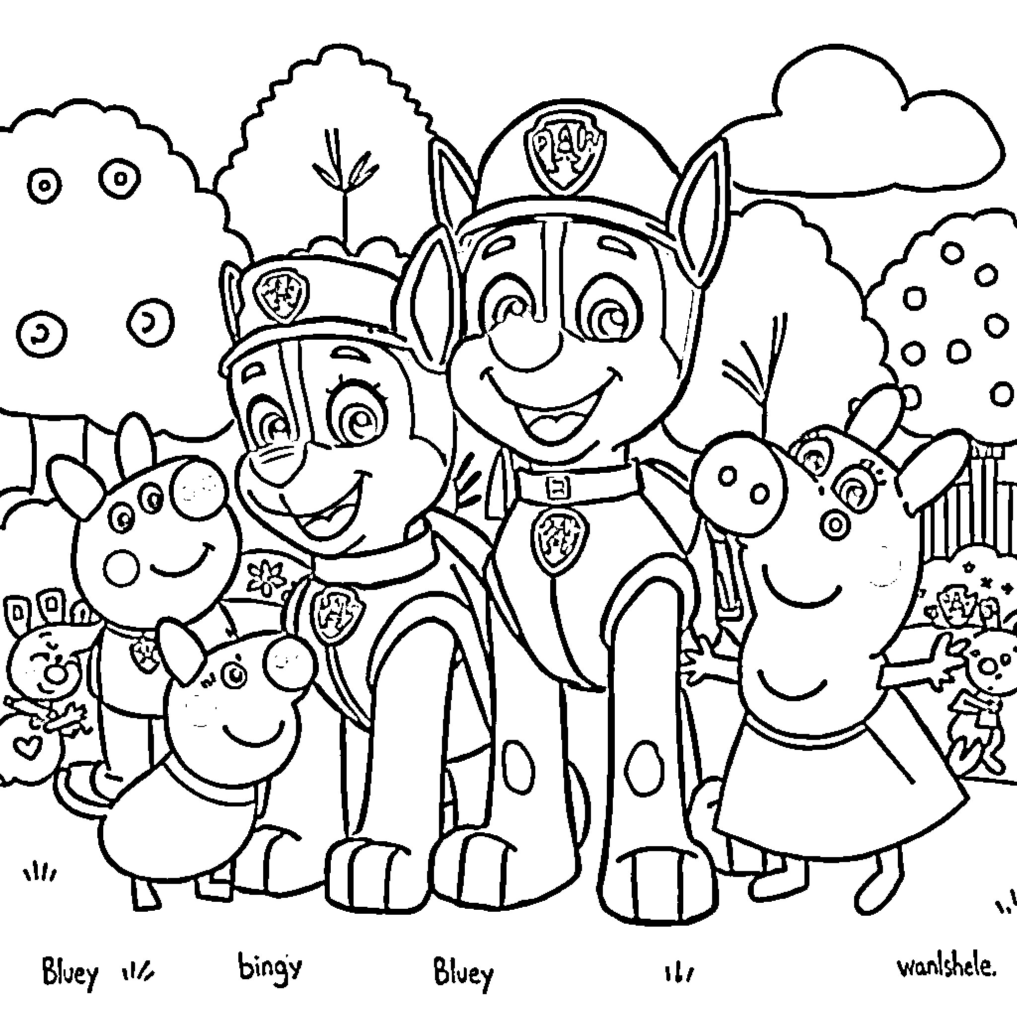 Character group in a cartoon landscape Coloring Page (free black-and-white line drawing printable PDF for all, from beginners to advanced learners, including children, teens, adults, and seniors)