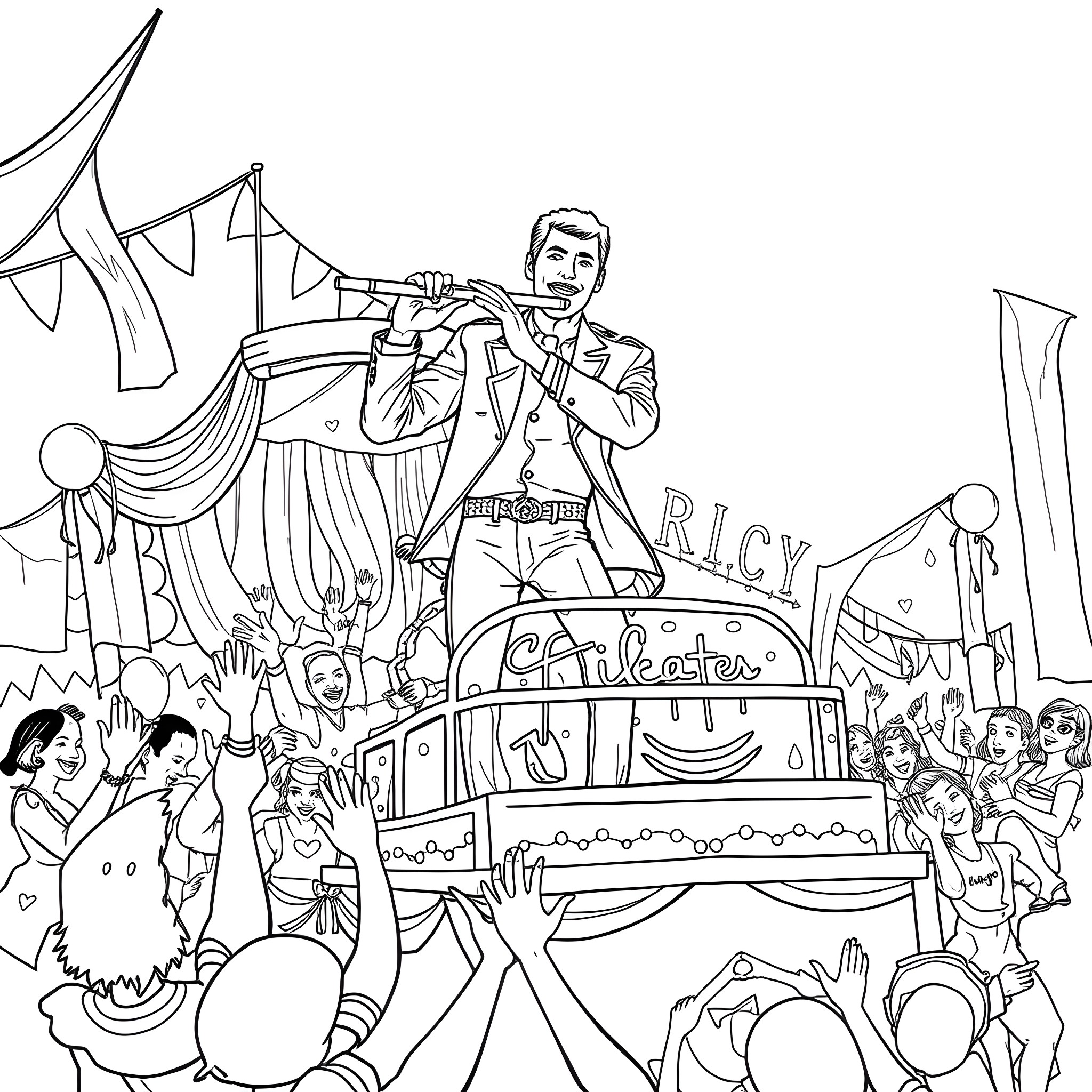 Freddie Mercury performing on stage with vibrant crowd Coloring Page (free black-and-white line drawing printable PDF for all, from beginners to advanced learners, including children, teens, adults, and seniors)