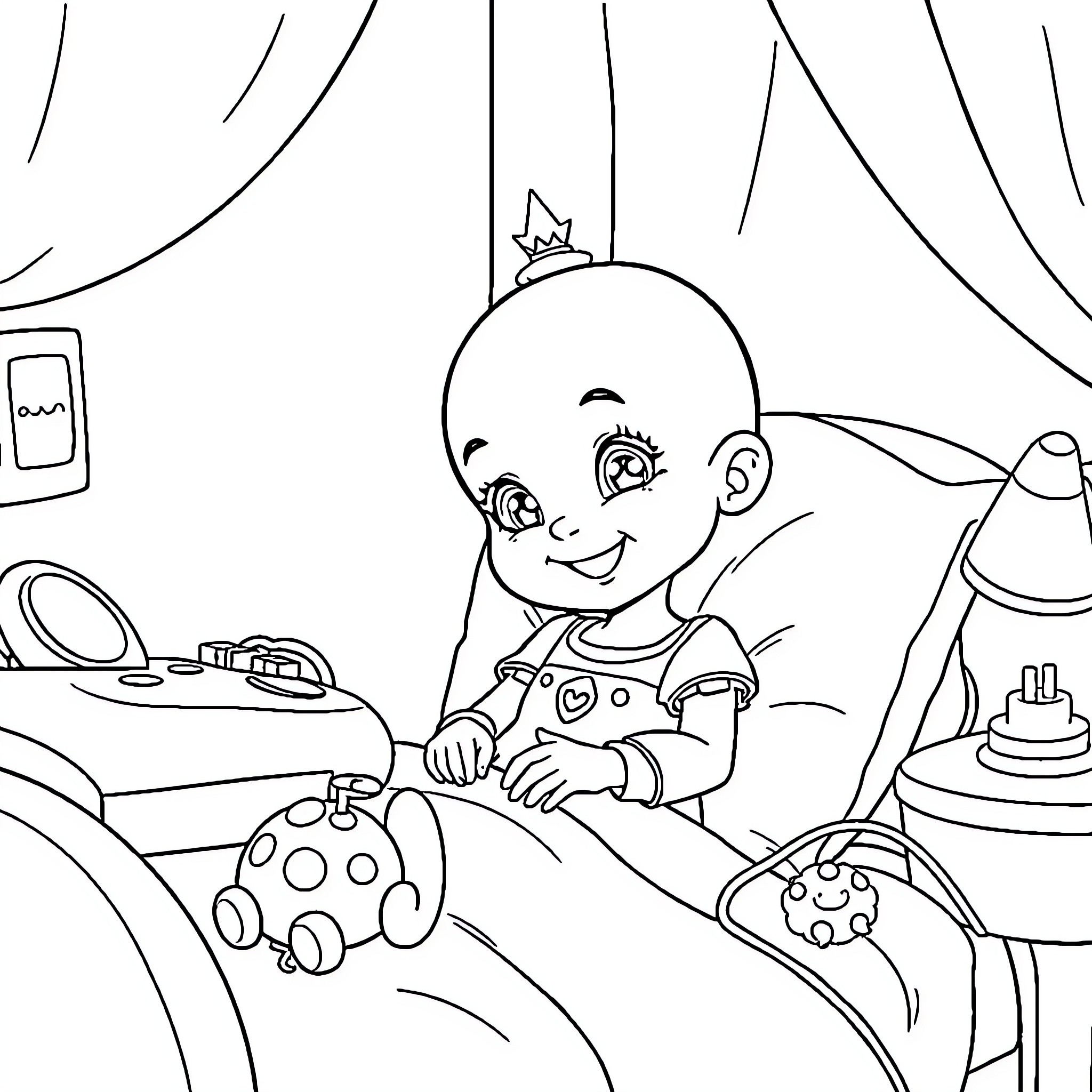 Princess plays joyfully with toys in her room Coloring Page (free black-and-white line drawing printable PDF for all, from beginners to advanced learners, including children, teens, adults, and seniors)