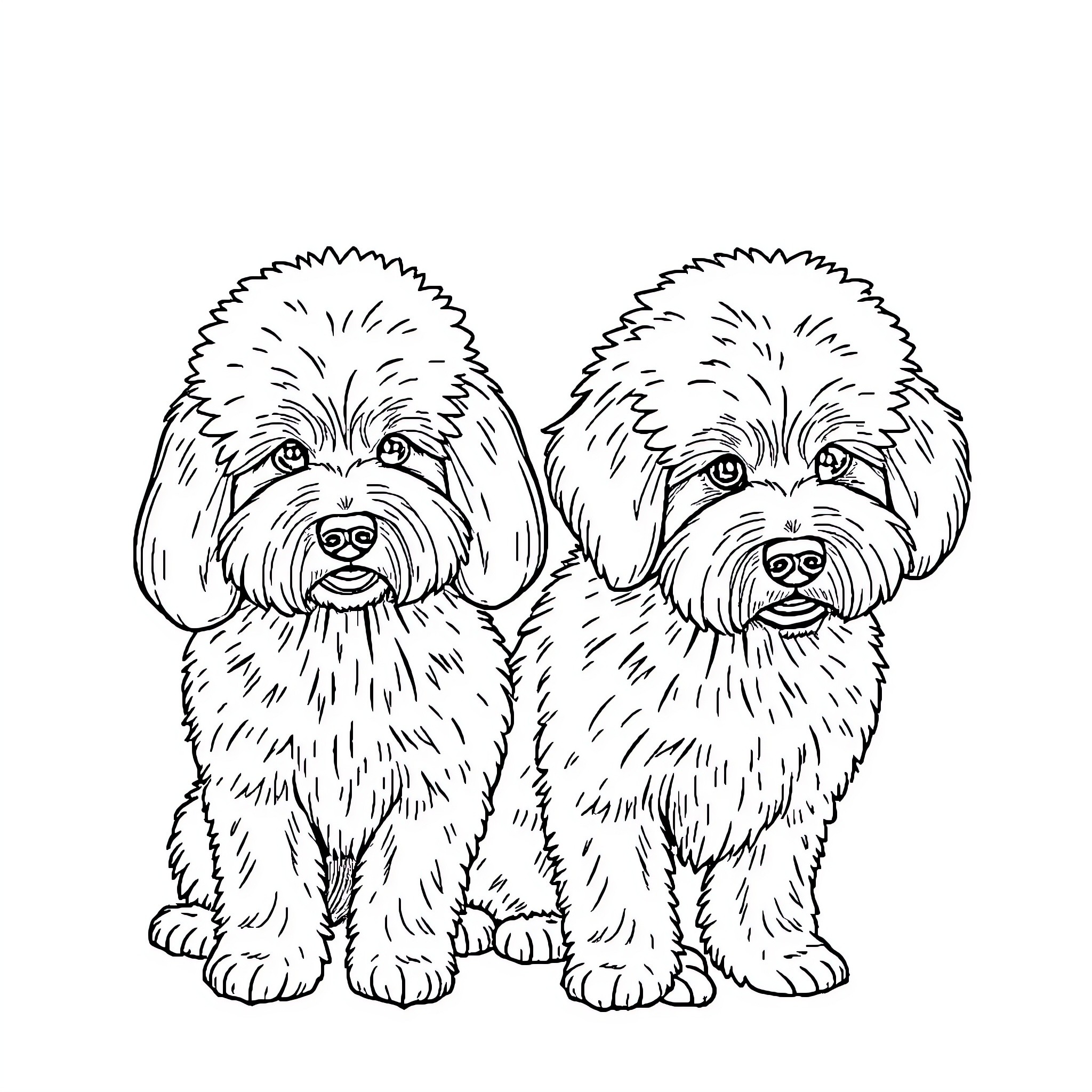 Dog Friends Enjoying Each Other's Company Coloring Page (free black-and-white line drawing printable PDF for all, from beginners to advanced learners, including children, teens, adults, and seniors)