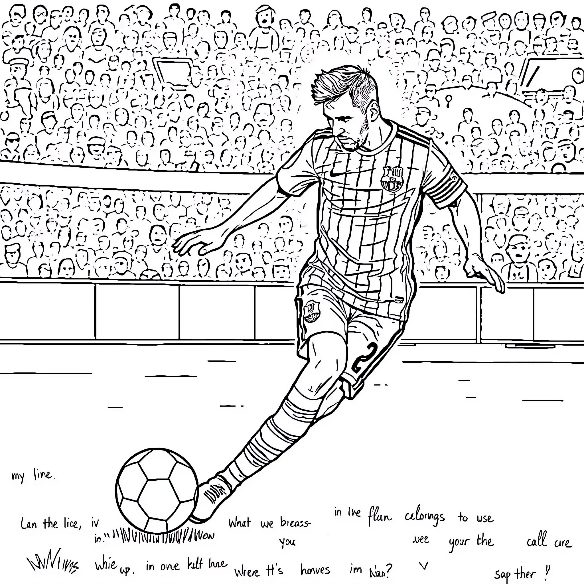 Messi playing football in the stadium Coloring Page (free black-and-white line drawing printable PDF for all, from beginners to advanced learners, including children, teens, adults, and seniors)