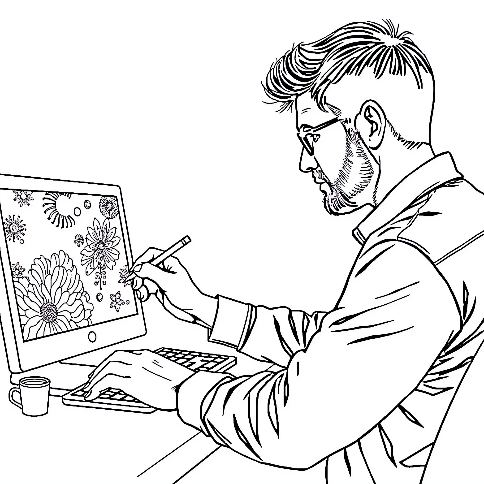Man intently coloring intricate floral design on digital tablet Coloring Page (free black-and-white line drawing printable PDF for all, from beginners to advanced learners, including children, teens, adults, and seniors)