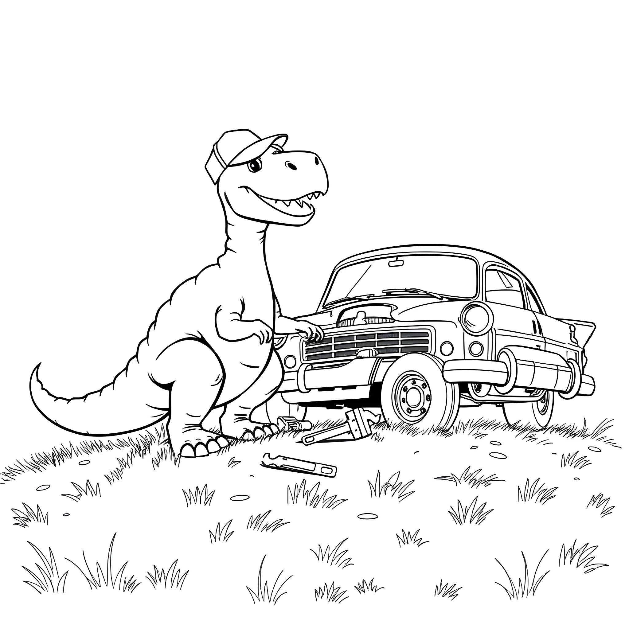 Dino mechanic fixing vintage car in the grass Coloring Page (free black-and-white line drawing printable PDF for all, from beginners to advanced learners, including children, teens, adults, and seniors)