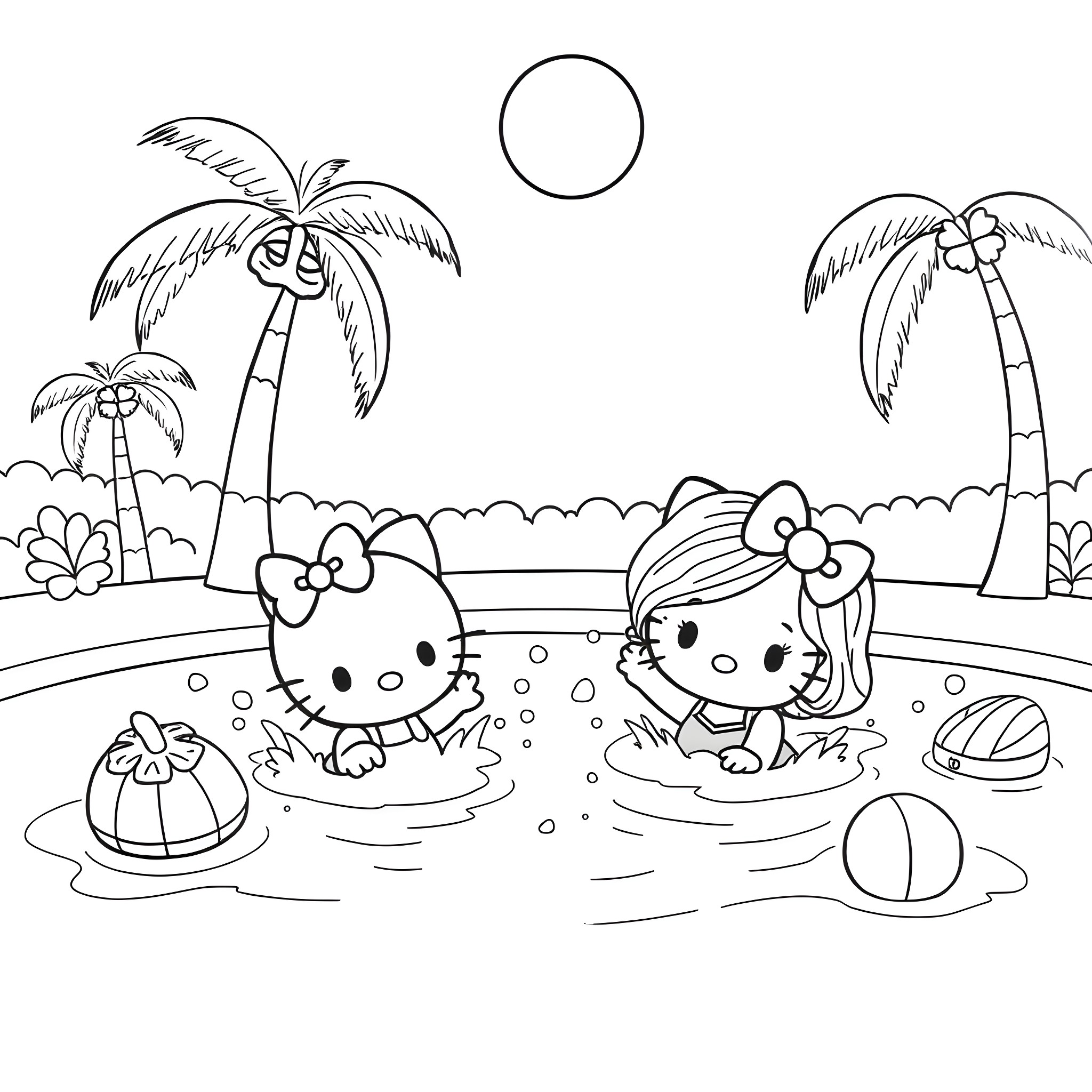 Hello Kitty playing in the beach with friends Coloring Page (free black-and-white line drawing printable PDF for all, from beginners to advanced learners, including children, teens, adults, and seniors)