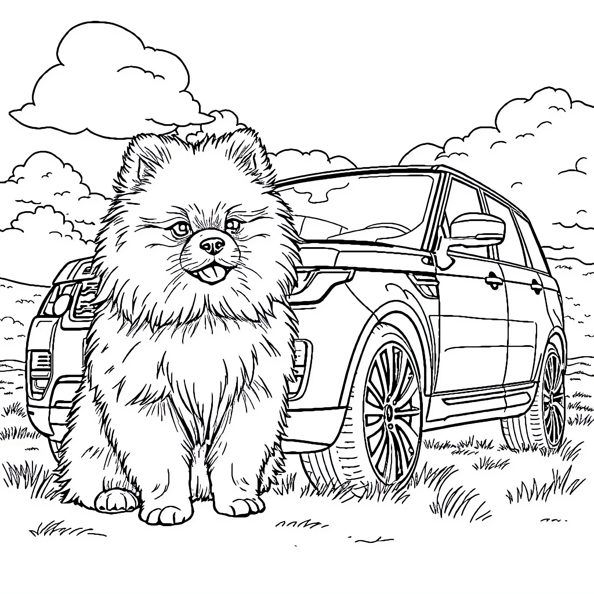 Pomeranian posing proudly in front of a car Coloring Page (free black-and-white line drawing printable PDF for all, from beginners to advanced learners, including children, teens, adults, and seniors)