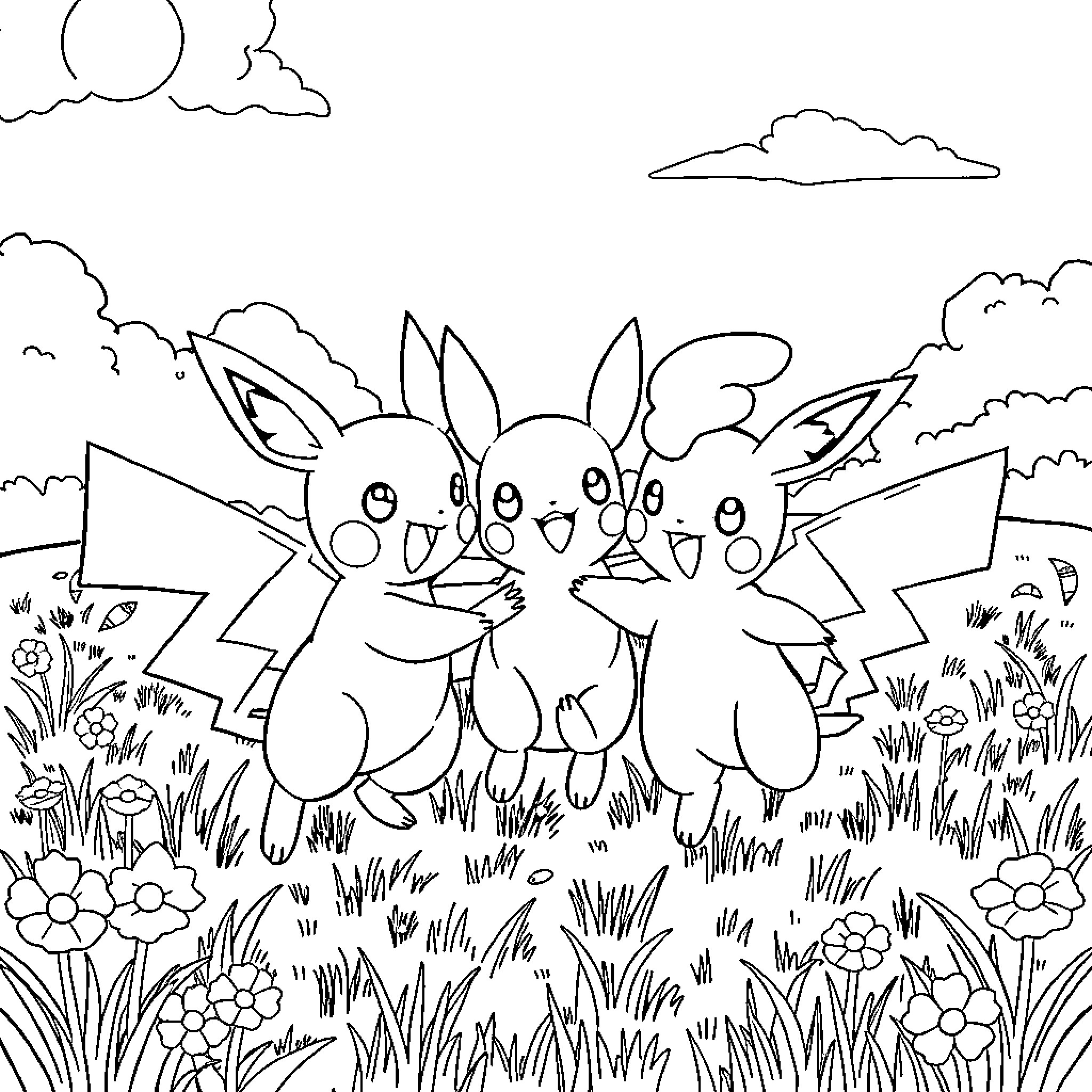 Pokémon characters playing in a field of flowers Coloring Page (free black-and-white line drawing printable PDF for all, from beginners to advanced learners, including children, teens, adults, and seniors)