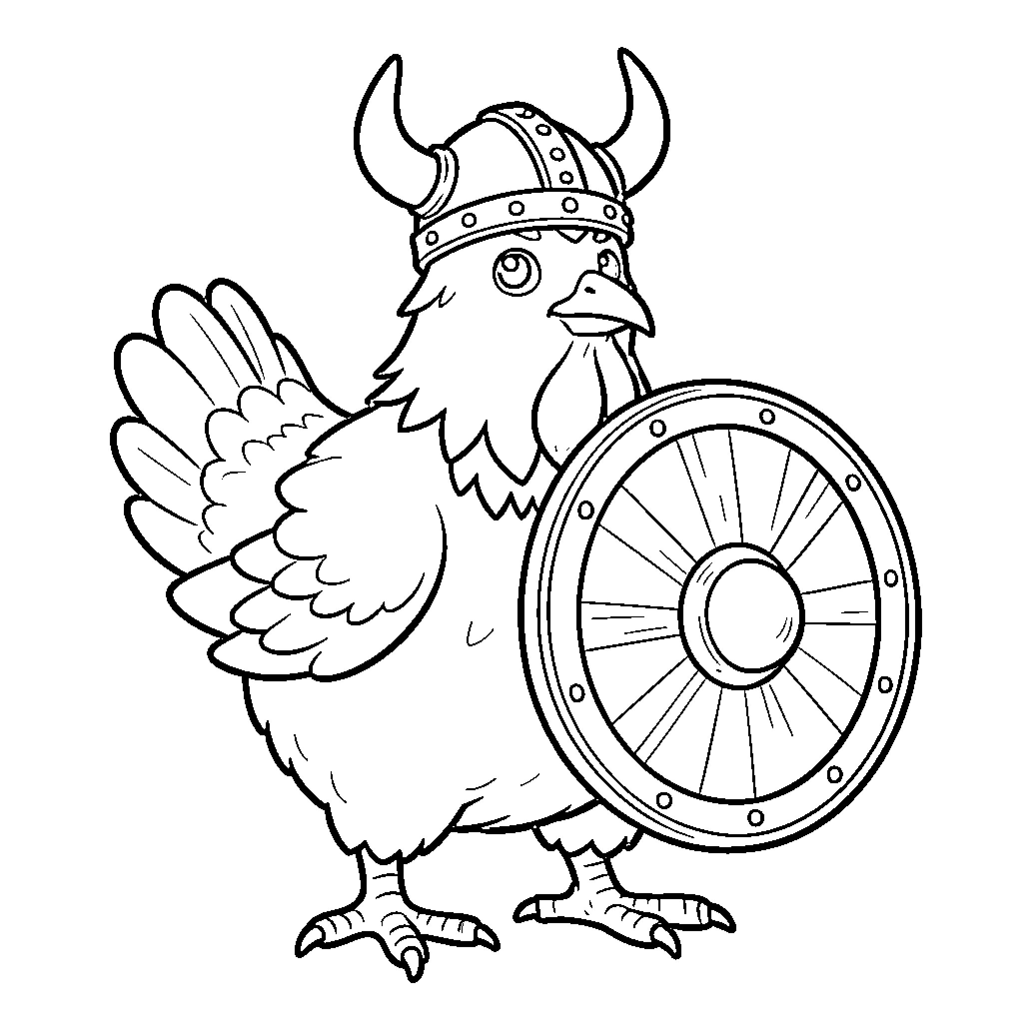 Viking Chicken wielding shield and helmet Coloring Page (free black-and-white line drawing printable PDF for all, from beginners to advanced learners, including children, teens, adults, and seniors)