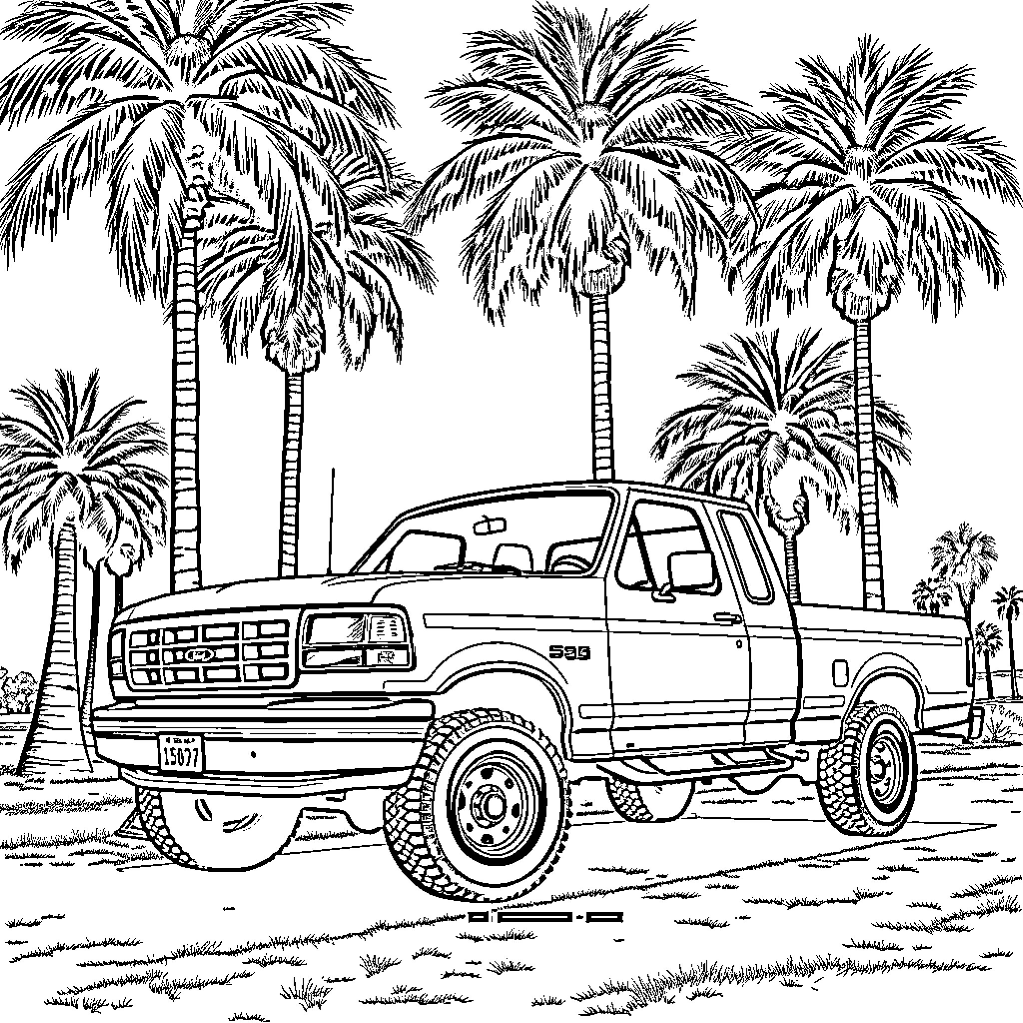 Ford Truck parked under palm trees Coloring Page (free black-and-white line drawing printable PDF for all, from beginners to advanced learners, including children, teens, adults, and seniors)