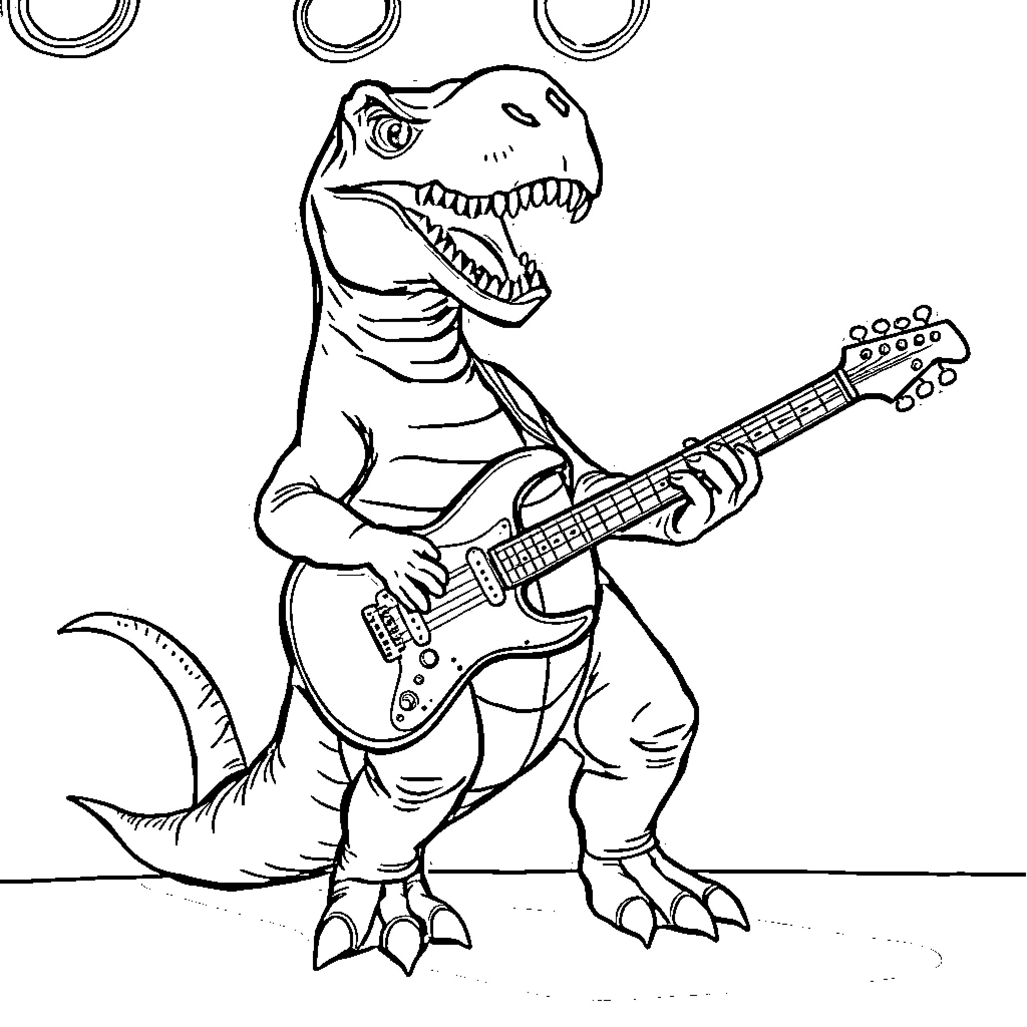 T-Rex Playing Electric Guitar Coloring Page (free black-and-white line drawing printable PDF for all, from beginners to advanced learners, including children, teens, adults, and seniors)