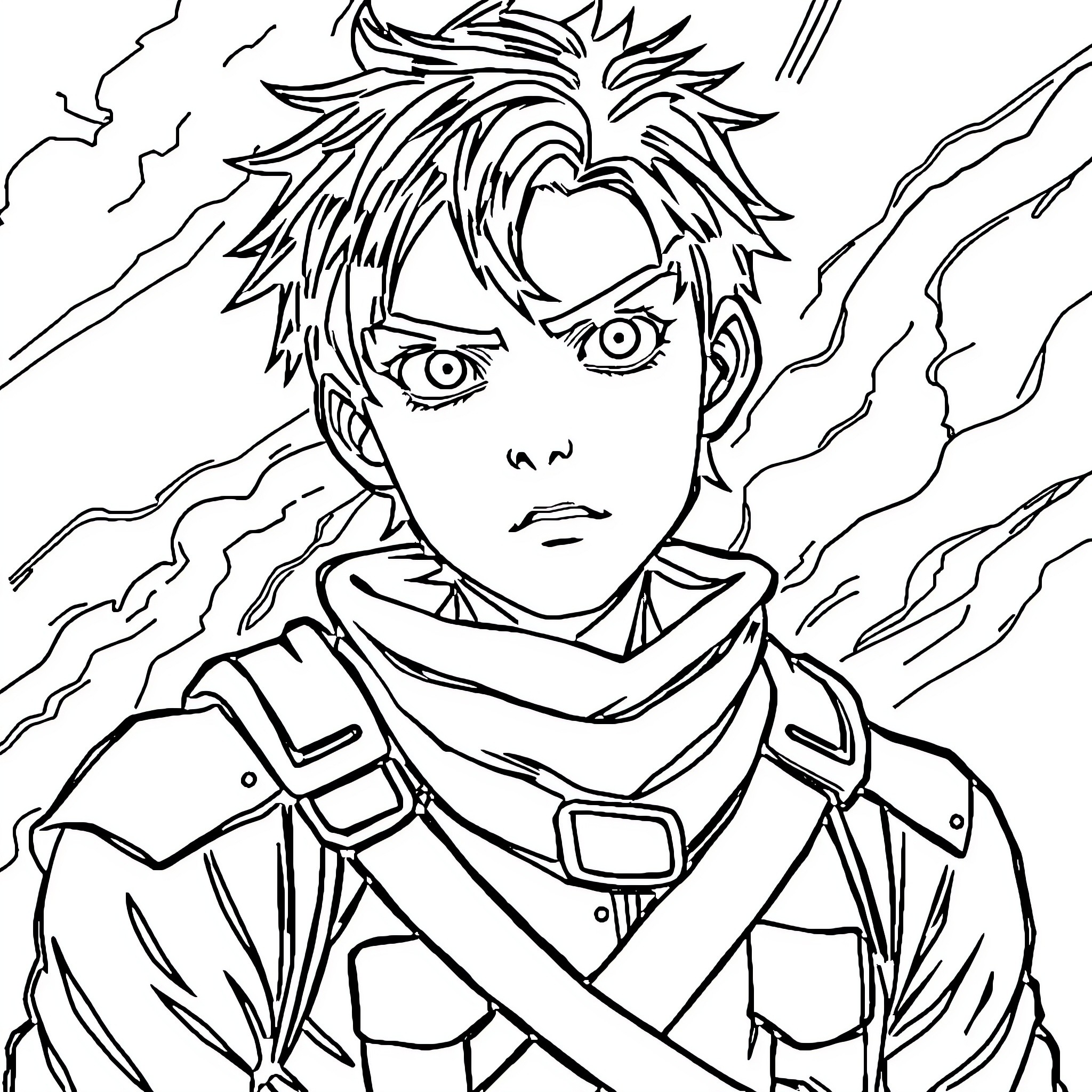 Eren Jeager's fierce determination and intensity Coloring Page (free black-and-white line drawing printable PDF for all, from beginners to advanced learners, including children, teens, adults, and seniors)