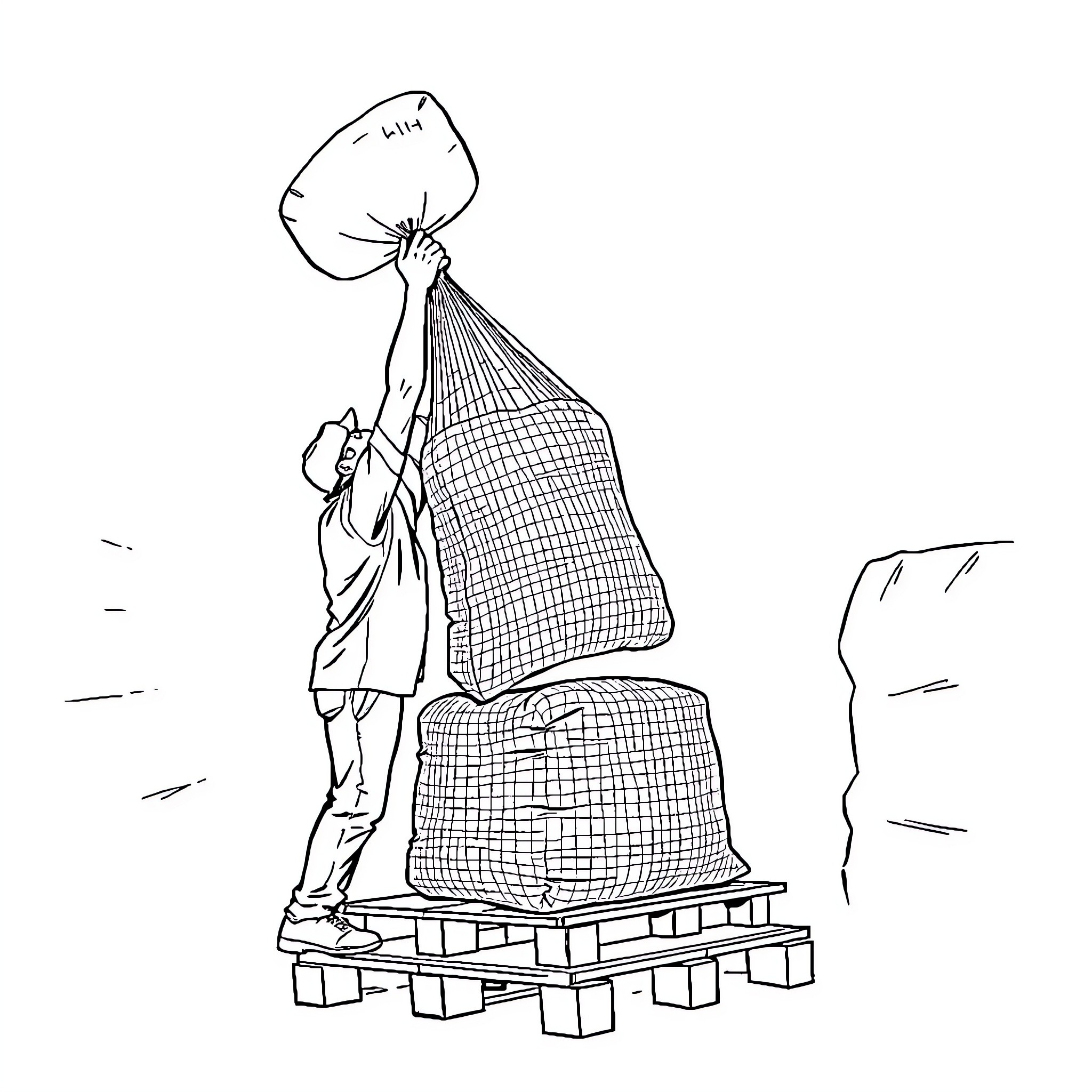 Person carrying large sack on pallet Coloring Page (free black-and-white line drawing printable PDF for all, from beginners to advanced learners, including children, teens, adults, and seniors)