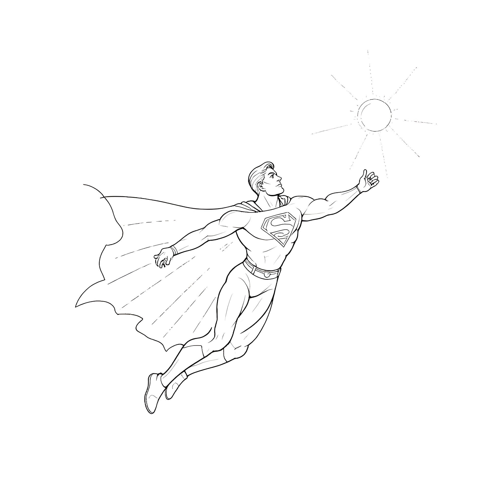 Superman soaring through the sky Coloring Page (free black-and-white line drawing printable PDF for all, from beginners to advanced learners, including children, teens, adults, and seniors)