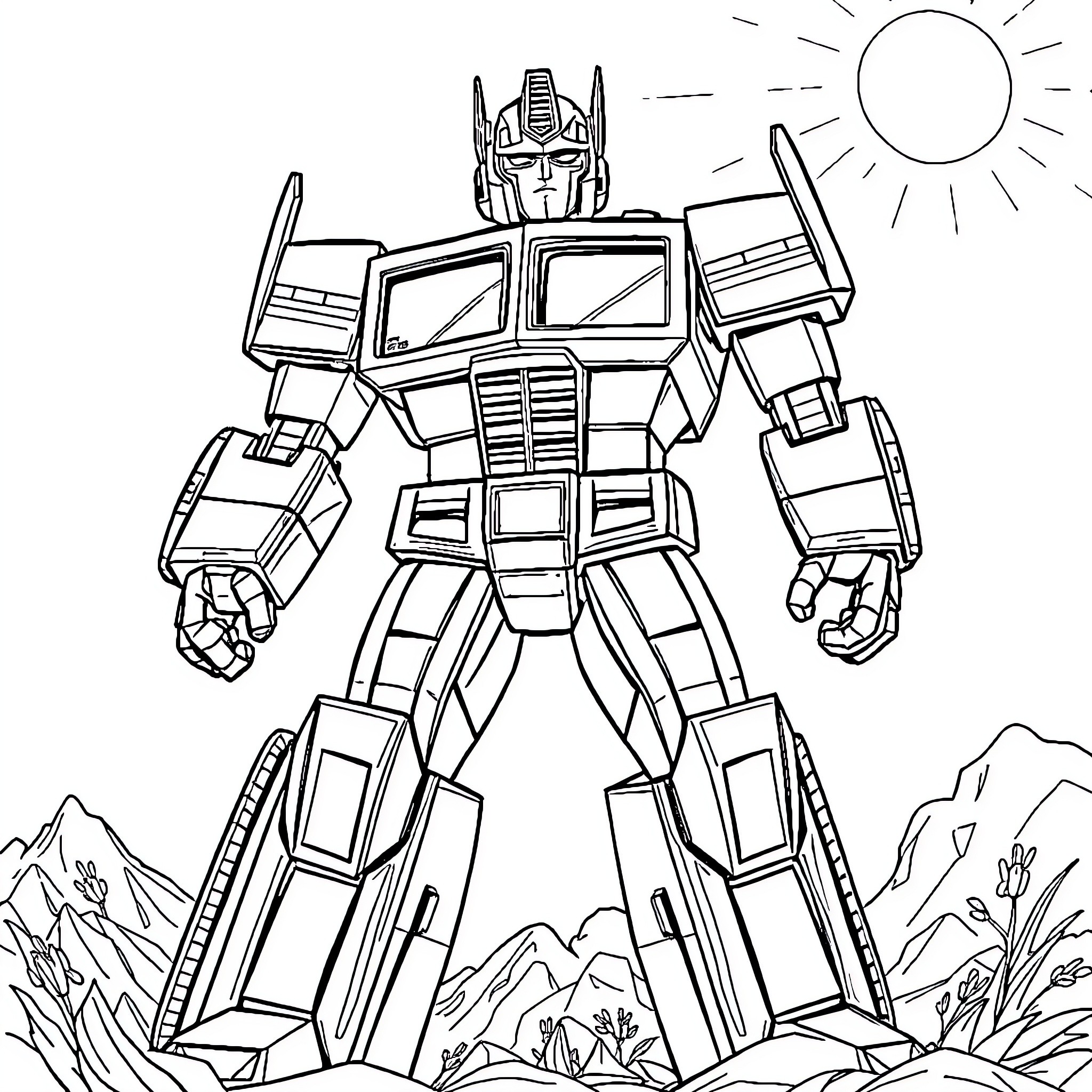 Optimus Prime standing tall in heroic pose Coloring Page (free black-and-white line drawing printable PDF for all, from beginners to advanced learners, including children, teens, adults, and seniors)