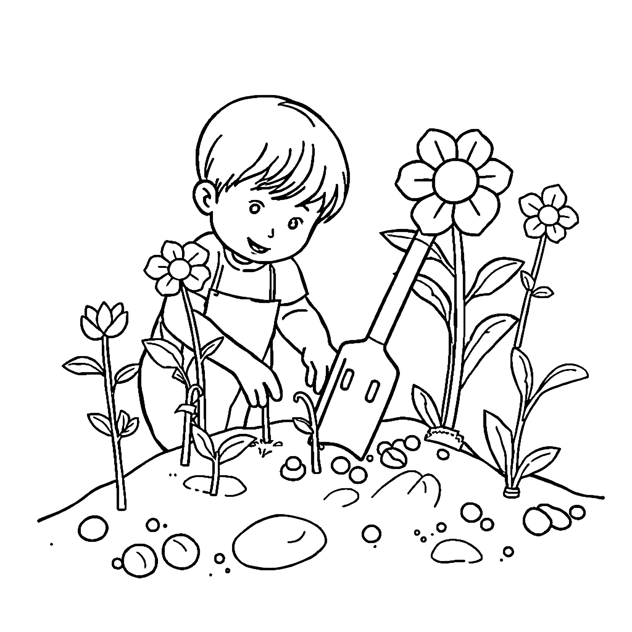 Gardening with Flowers and Smiles Coloring Page (free black-and-white line drawing printable PDF for all, from beginners to advanced learners, including children, teens, adults, and seniors)