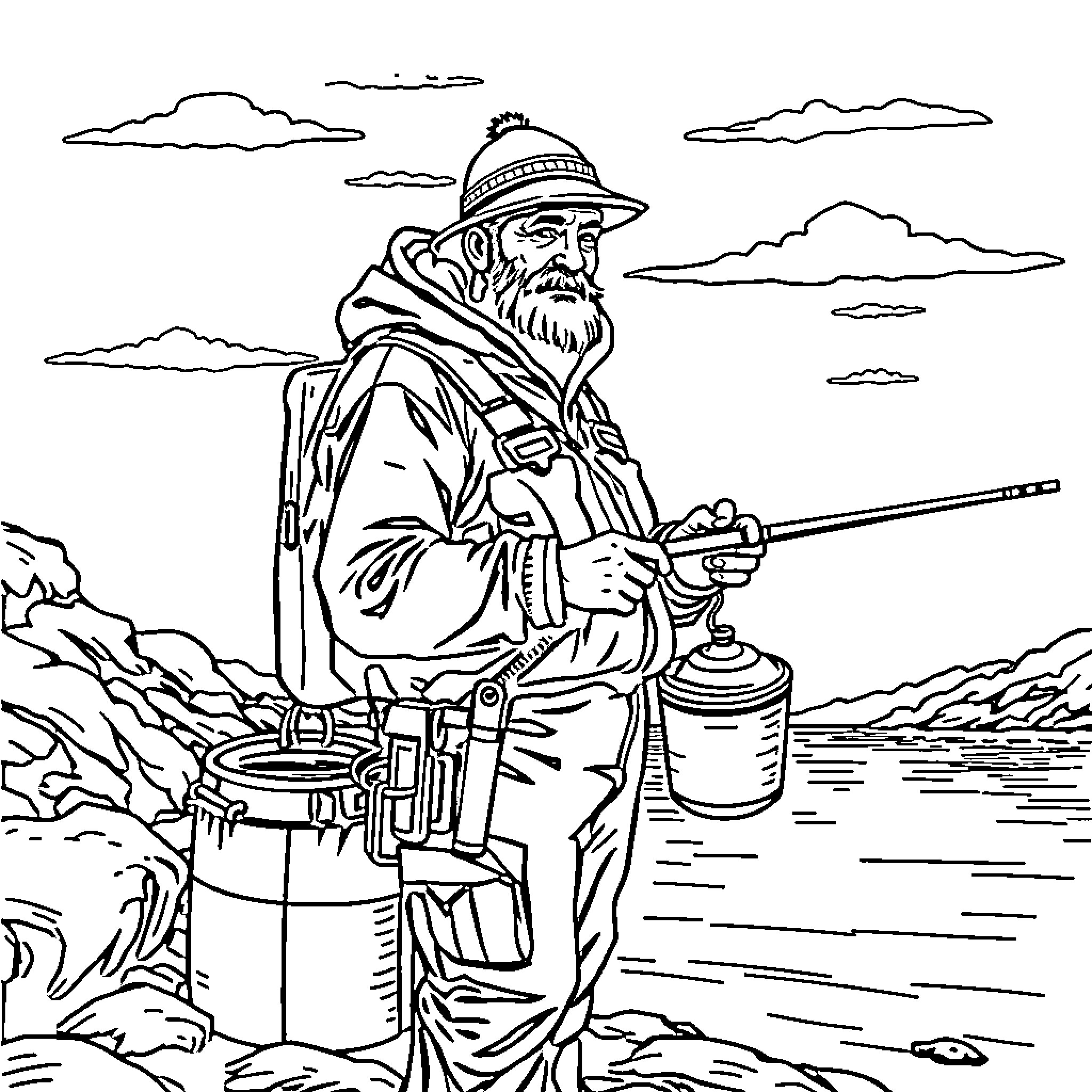 Fisher in nature capturing his catch Coloring Page (free black-and-white line drawing printable PDF for all, from beginners to advanced learners, including children, teens, adults, and seniors)