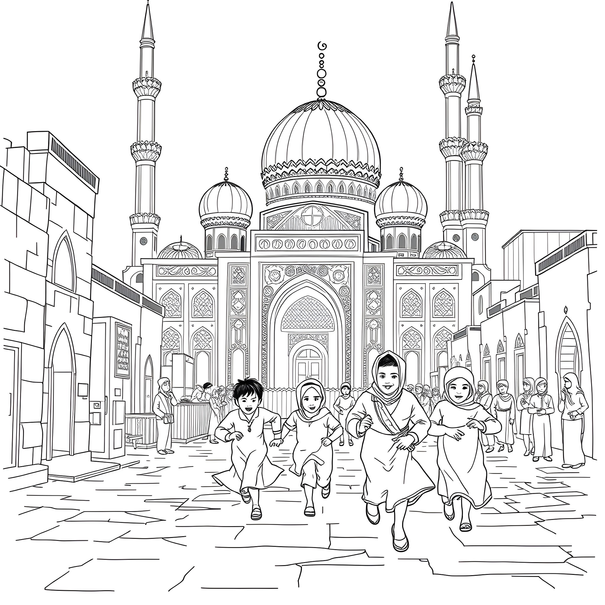 Children playing joyfully in front of a grand mosque Coloring Page (free black-and-white line drawing printable PDF for all, from beginners to advanced learners, including children, teens, adults, and seniors)