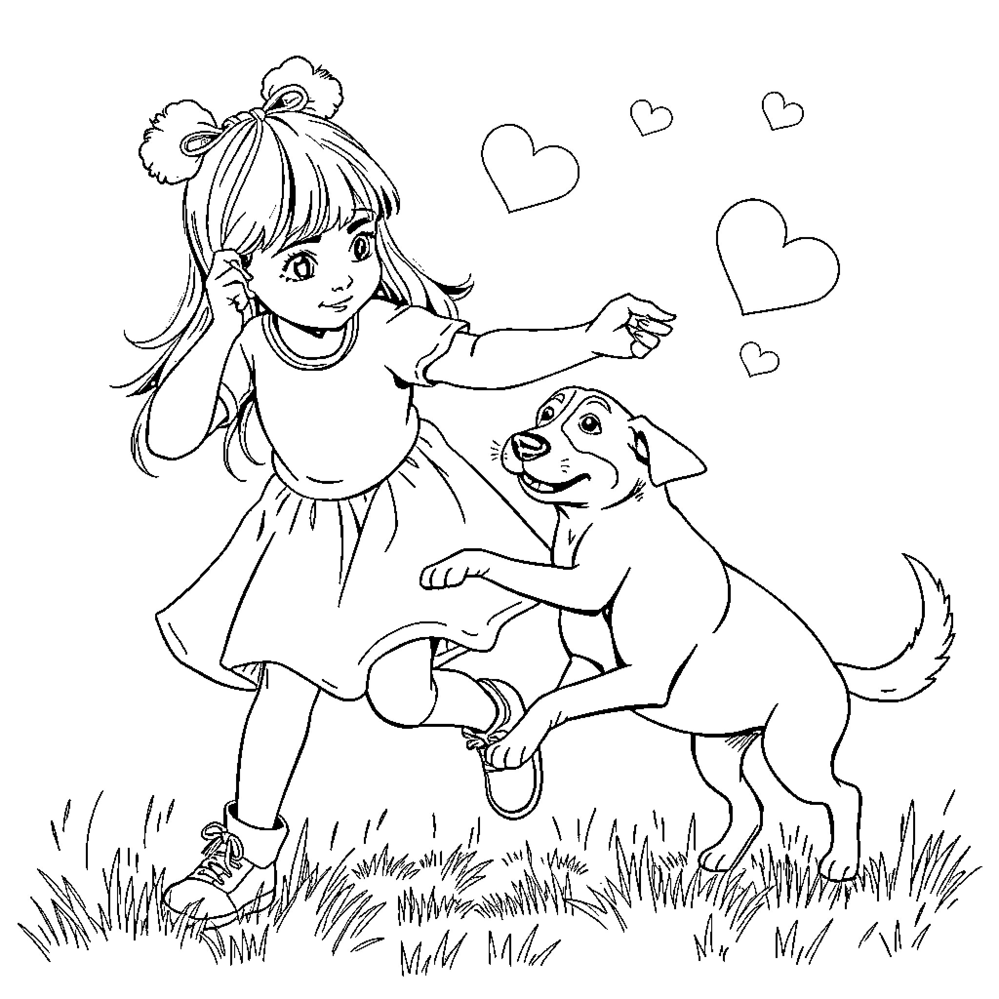 Jack Russell playing with a girl in a field Coloring Page (free black-and-white line drawing printable PDF for all, from beginners to advanced learners, including children, teens, adults, and seniors)