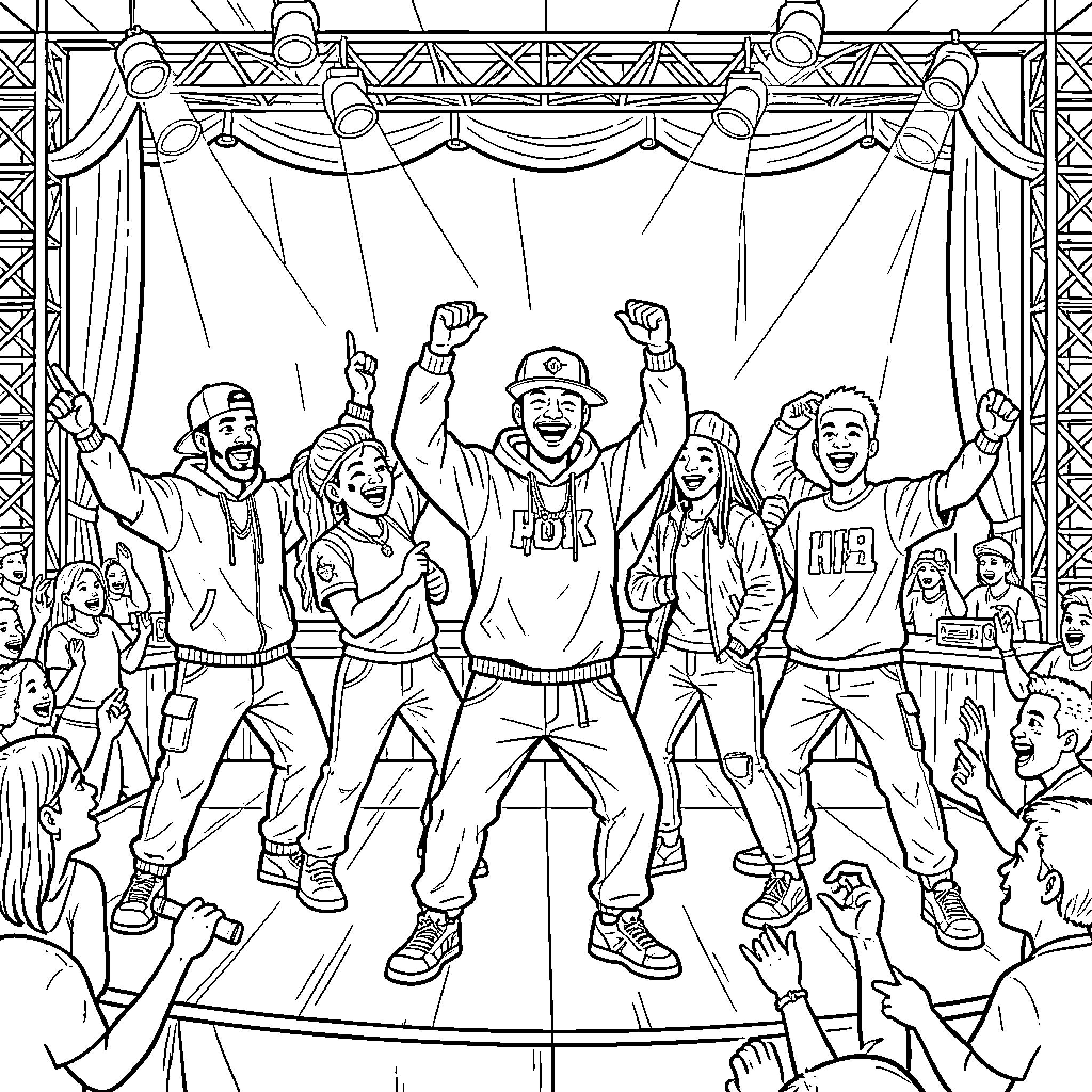 Hip Hop Performers Energizing the Stage Coloring Page (free black-and-white line drawing printable PDF for all, from beginners to advanced learners, including children, teens, adults, and seniors)