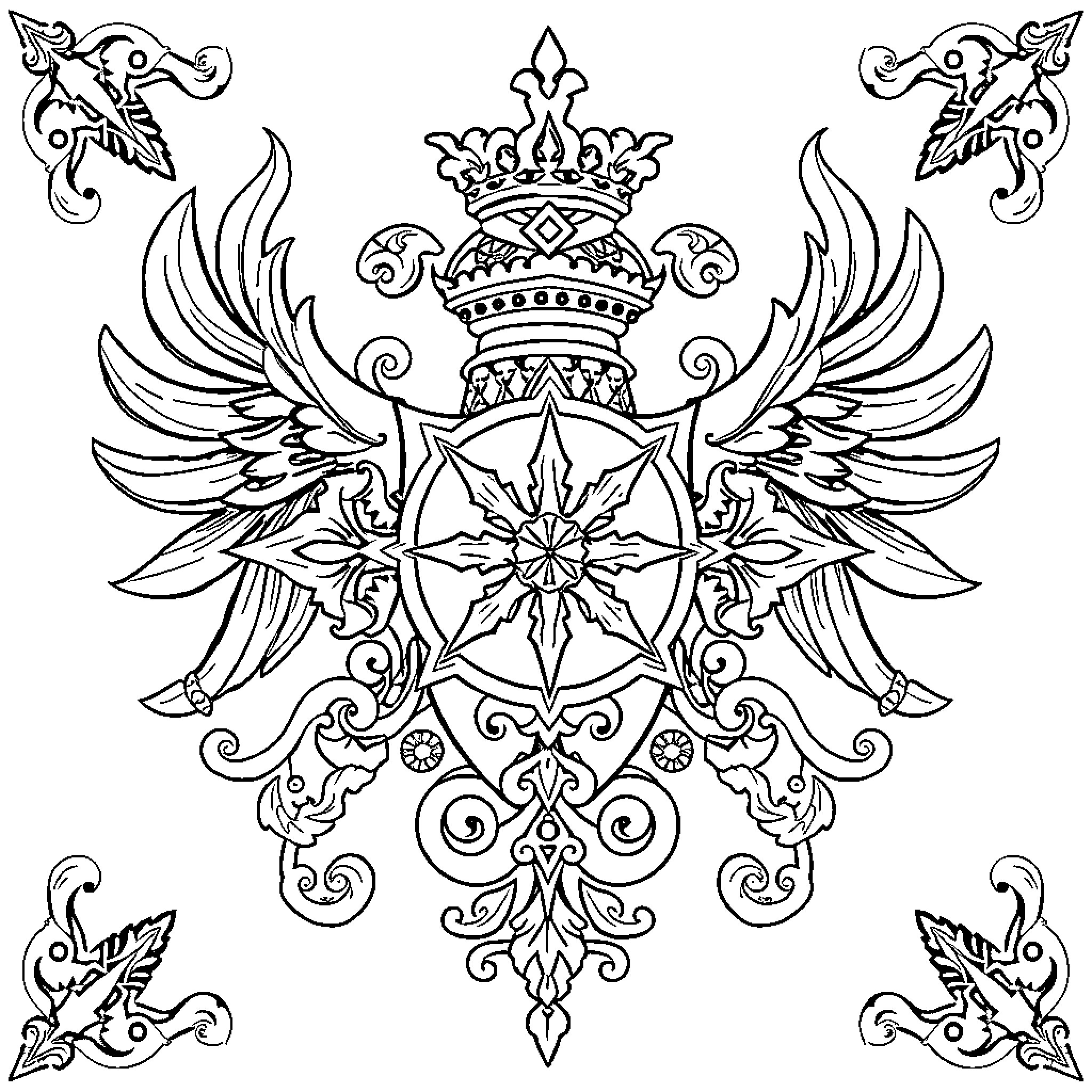 Crest of Ornate Symbols and Designs Coloring Page (free black-and-white line drawing printable PDF for all, from beginners to advanced learners, including children, teens, adults, and seniors)