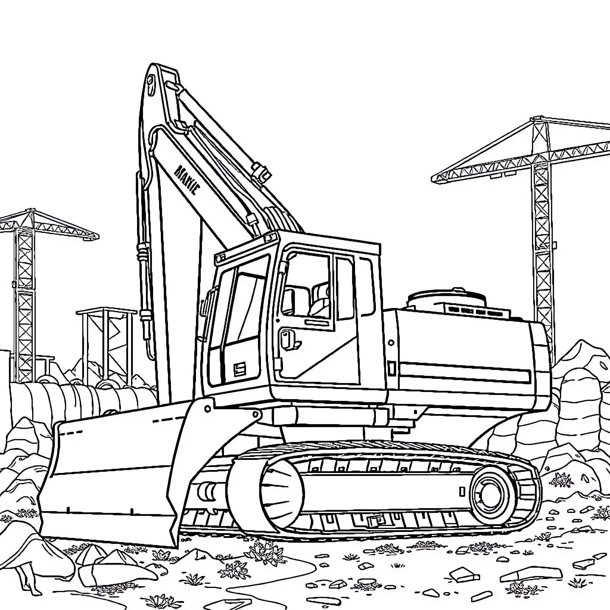 Makine Construction Machinery at Work Site Coloring Page (free black-and-white line drawing printable PDF for all, from beginners to advanced learners, including children, teens, adults, and seniors)