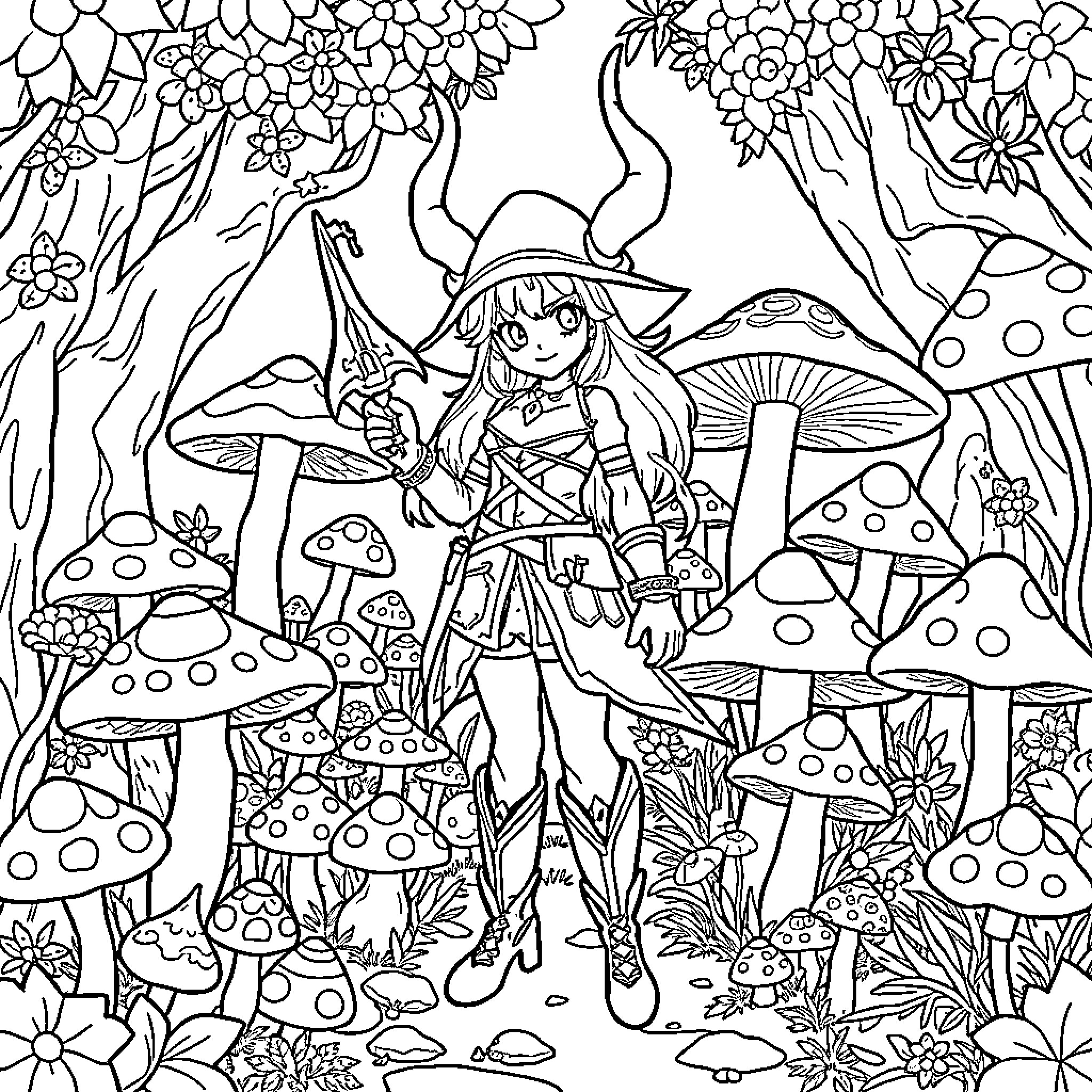 Mira's Enchanting Mushroom Forest Adventure Coloring Page (free black-and-white line drawing printable PDF for all, from beginners to advanced learners, including children, teens, adults, and seniors)