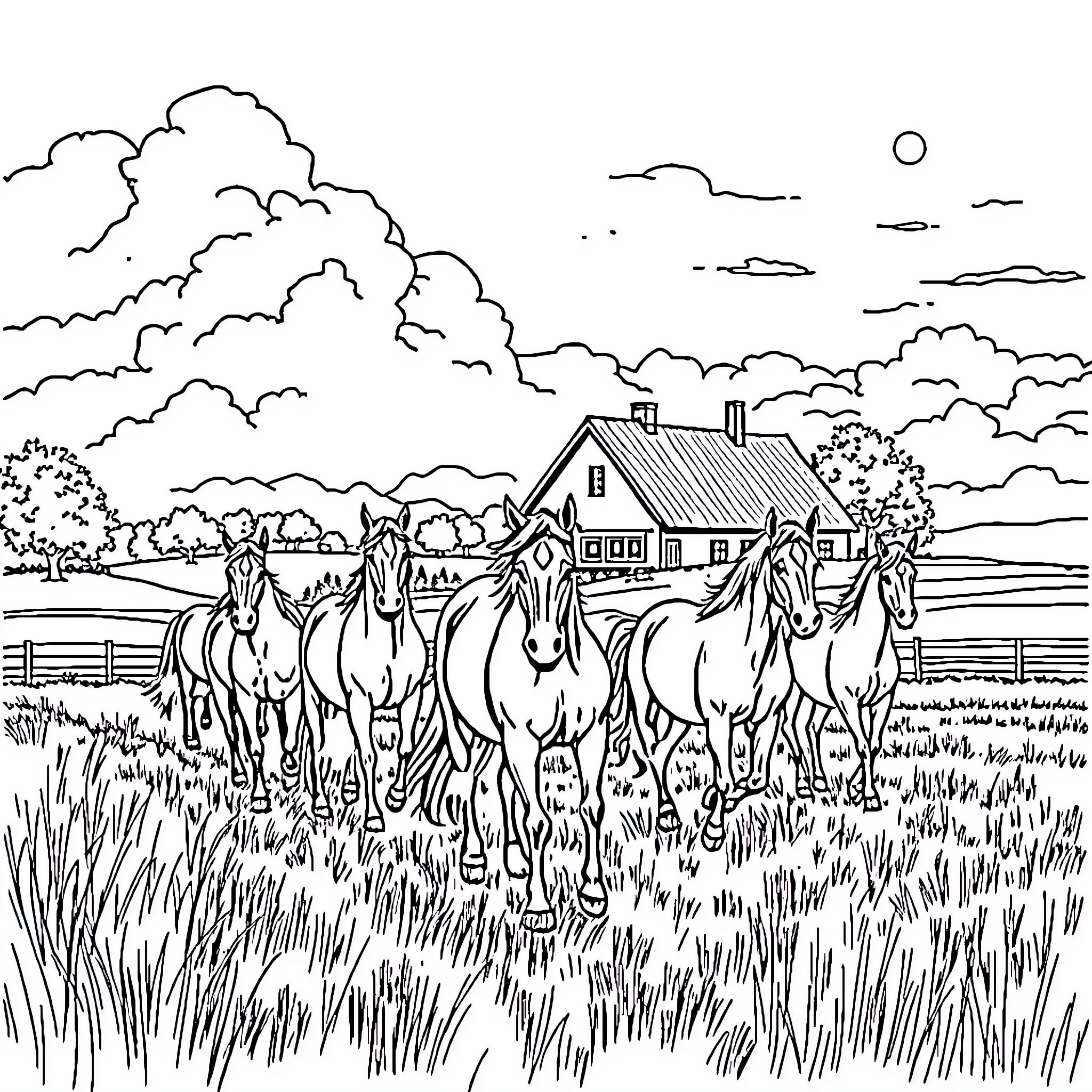 Horse herd roaming freely in rural landscape Coloring Page (free black-and-white line drawing printable PDF for all, from beginners to advanced learners, including children, teens, adults, and seniors)