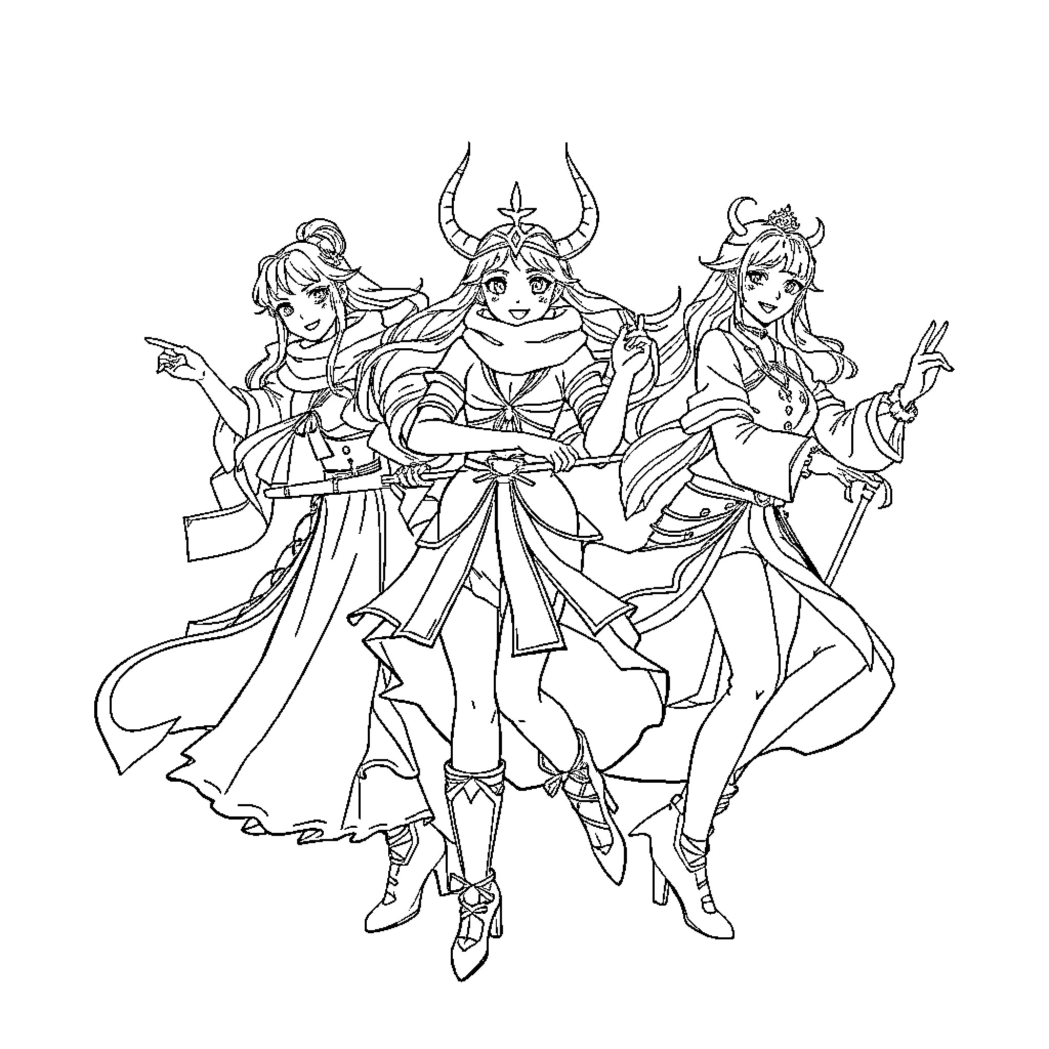Kpop Heroine Trio Striking Heroic Poses Coloring Page (free black-and-white line drawing printable PDF for all, from beginners to advanced learners, including children, teens, adults, and seniors)