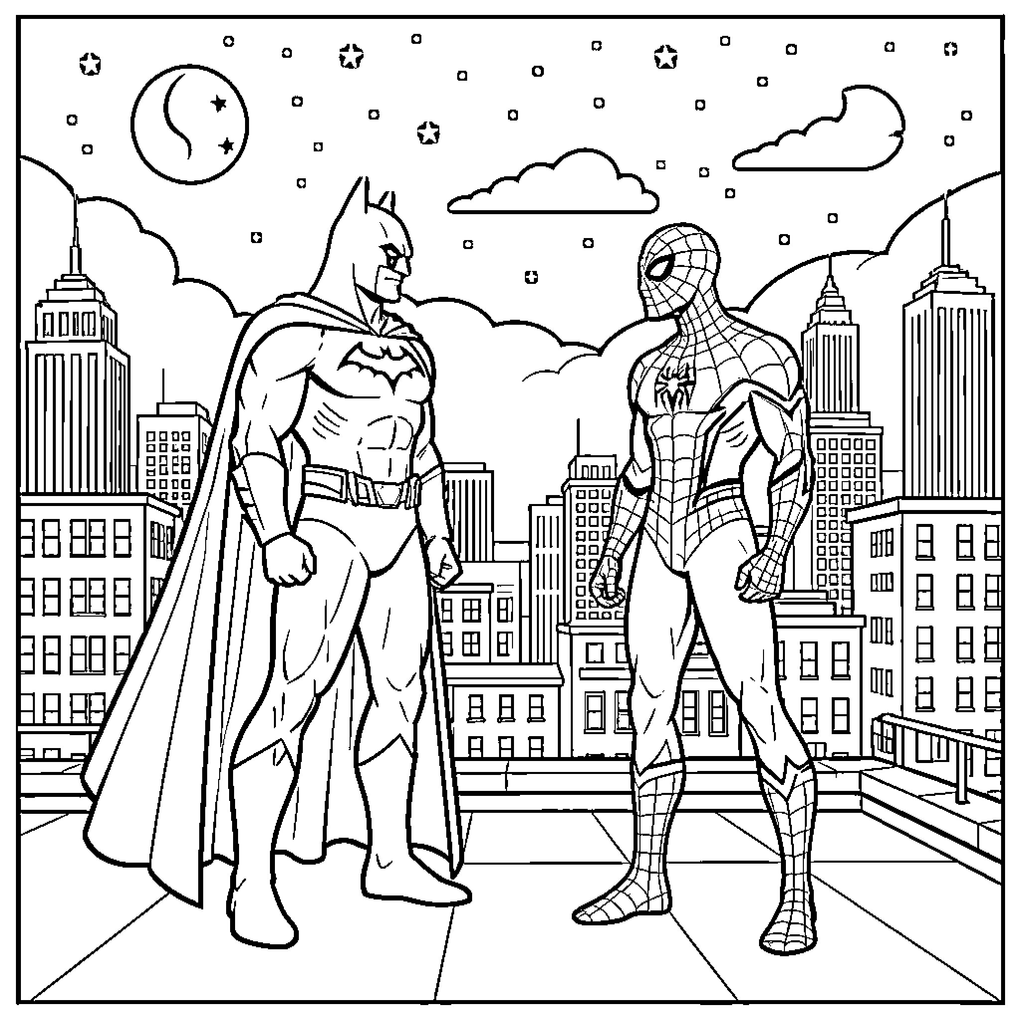 Batman and Spider-Man standing together on a rooftop Coloring Page (free black-and-white line drawing printable PDF for all, from beginners to advanced learners, including children, teens, adults, and seniors)